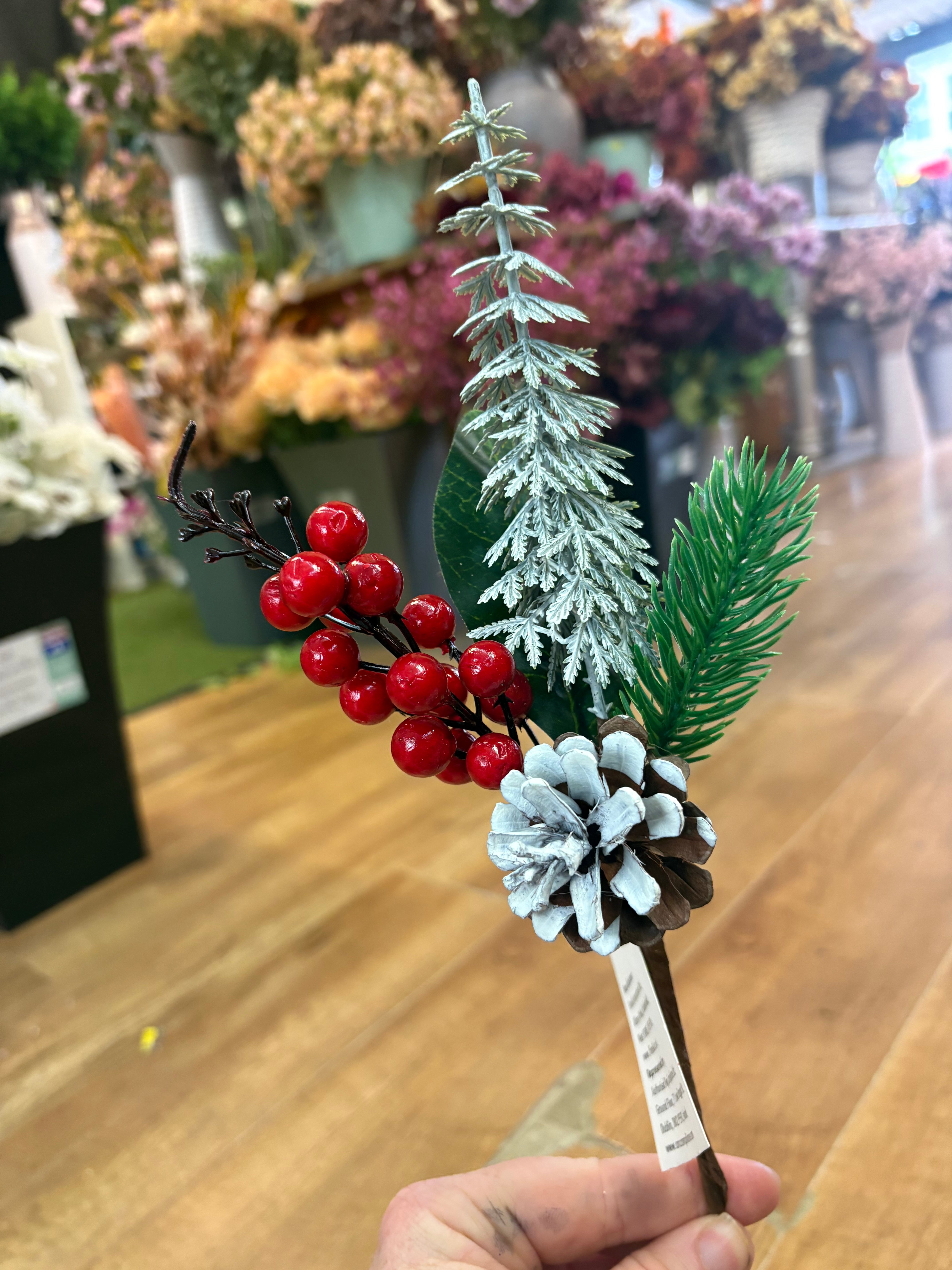 28cm frosted pine and red berry pick
