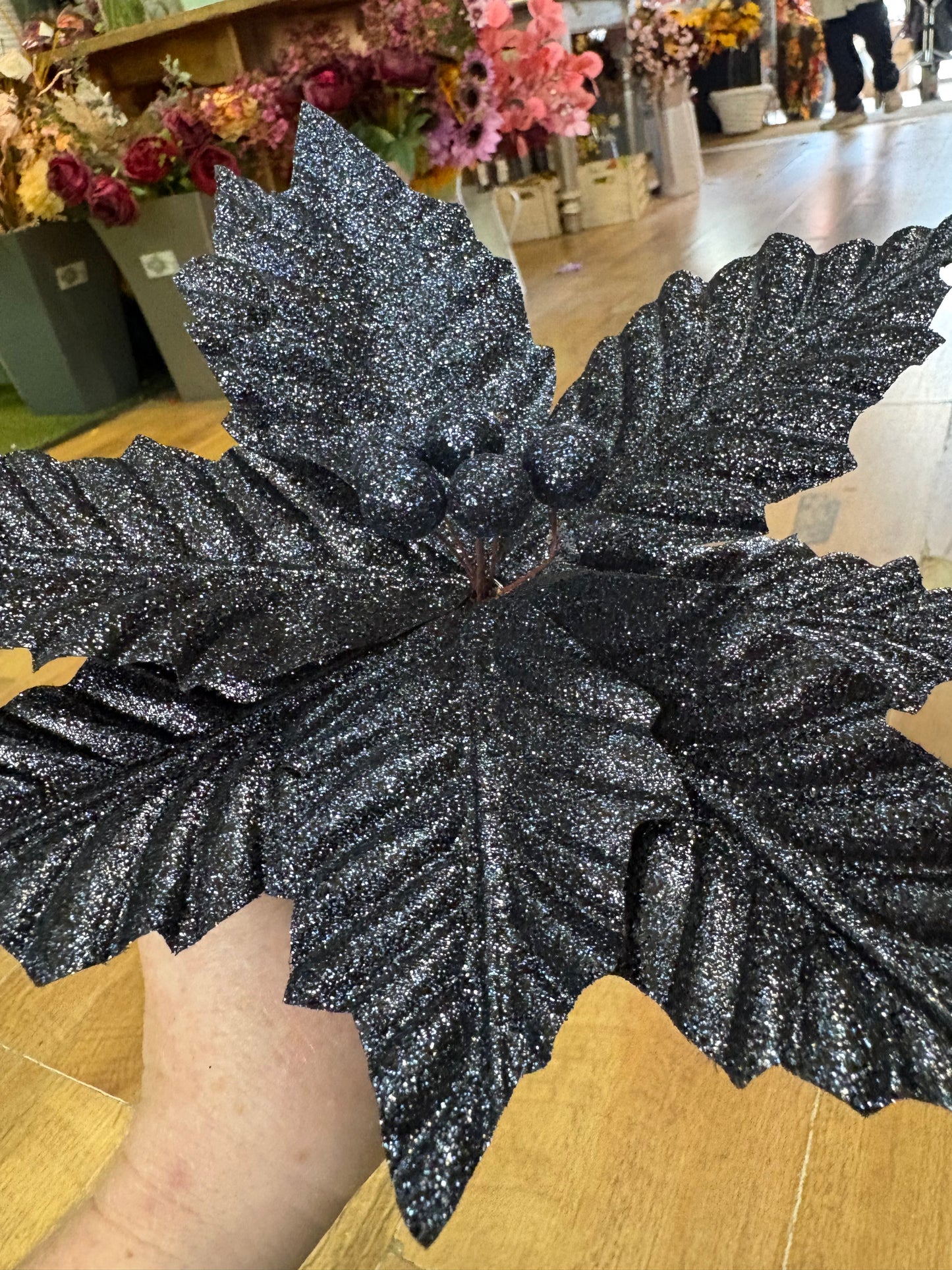 Glittered navy single poinsettia pick