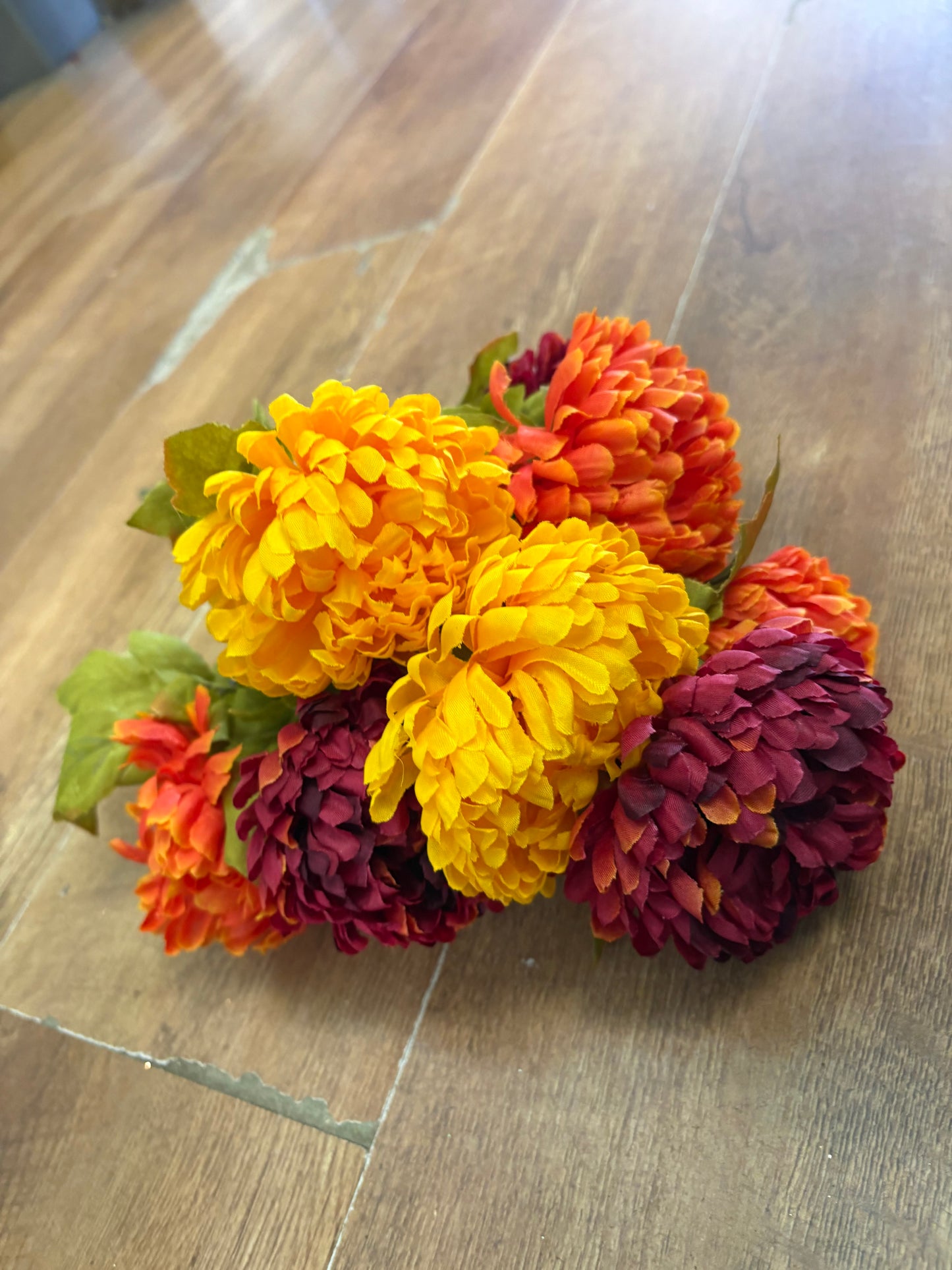 Large autumnal chrysanthemum bouquet - burgundy, orange and yellow