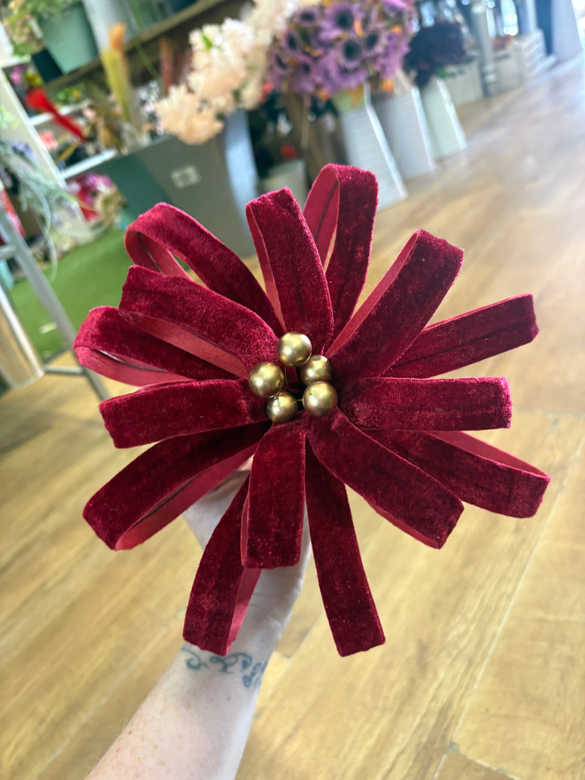 Wired burgundy velvet and gold berry Christmas decor stem