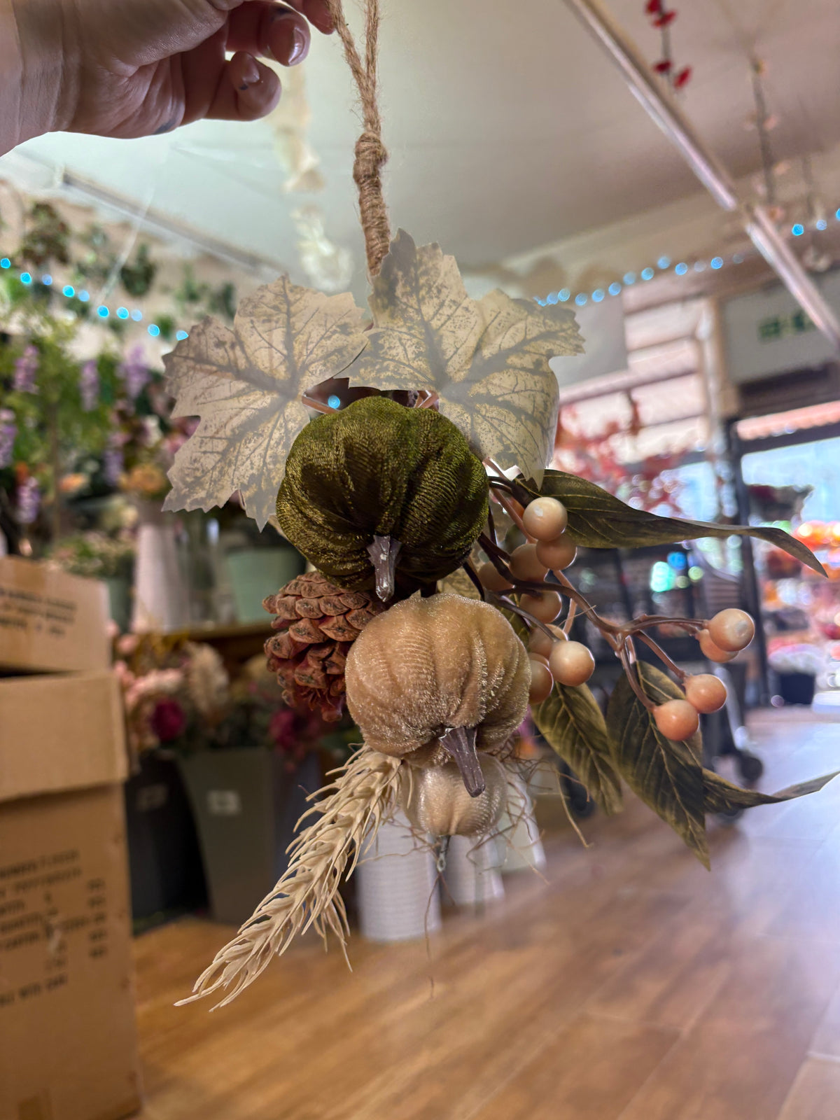 30cm green, neutral and cream velvet pumpkin swag