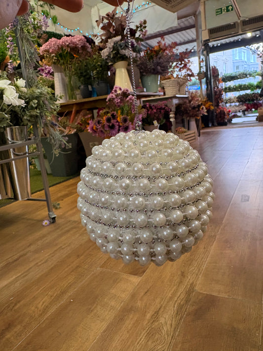 Elegant white pearl and silver beading 10cm bauble