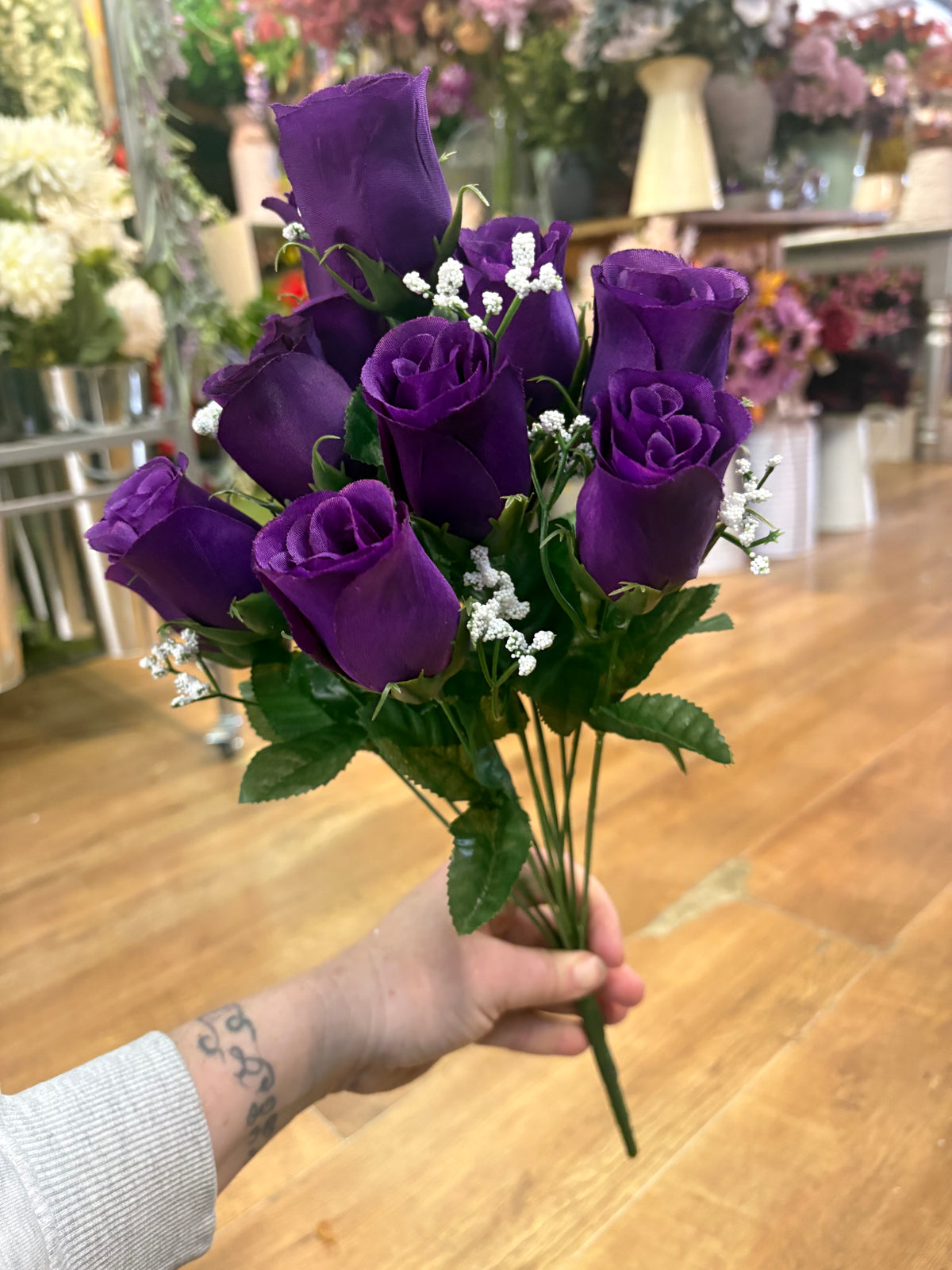 Large purple rose and gyp bunch