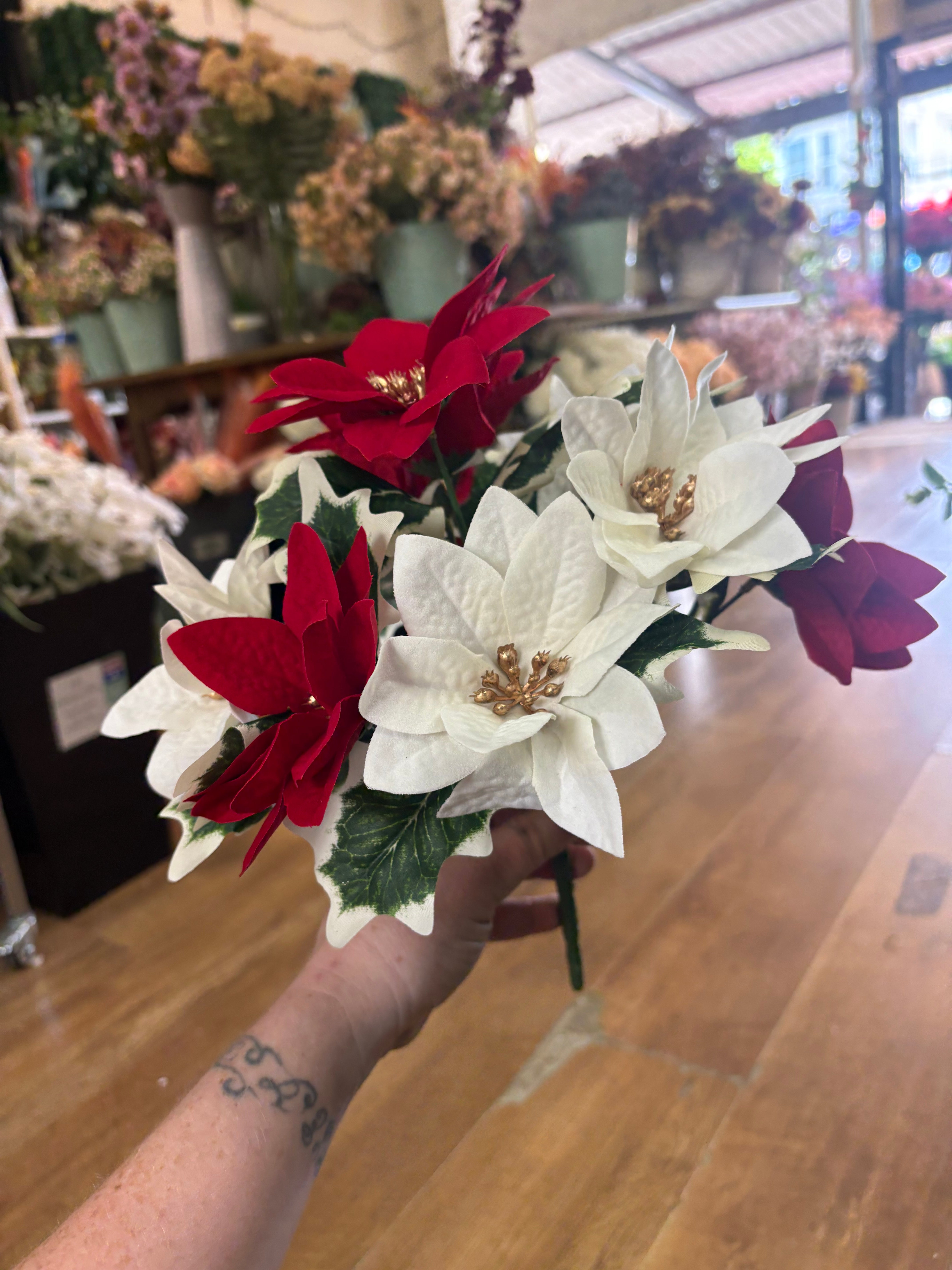Red and ivory velvet poinsettia bunch