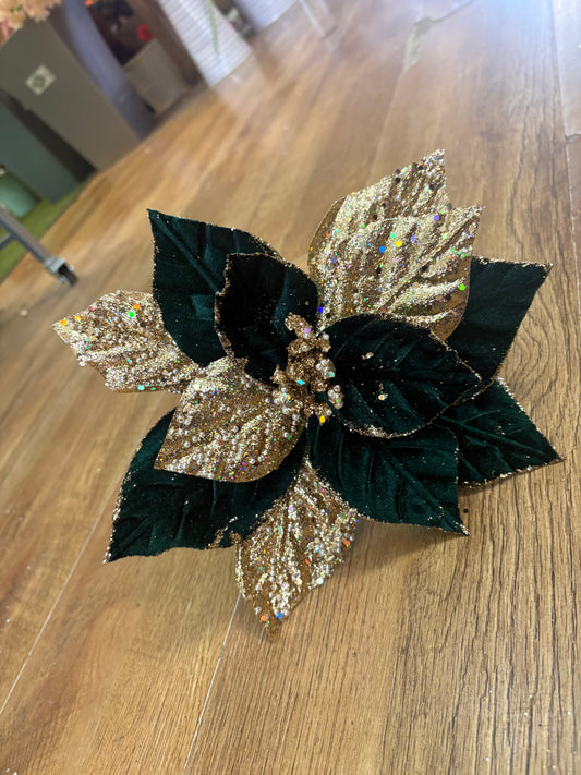 Short stem green velvet and gold glittered poinsettia with pearls