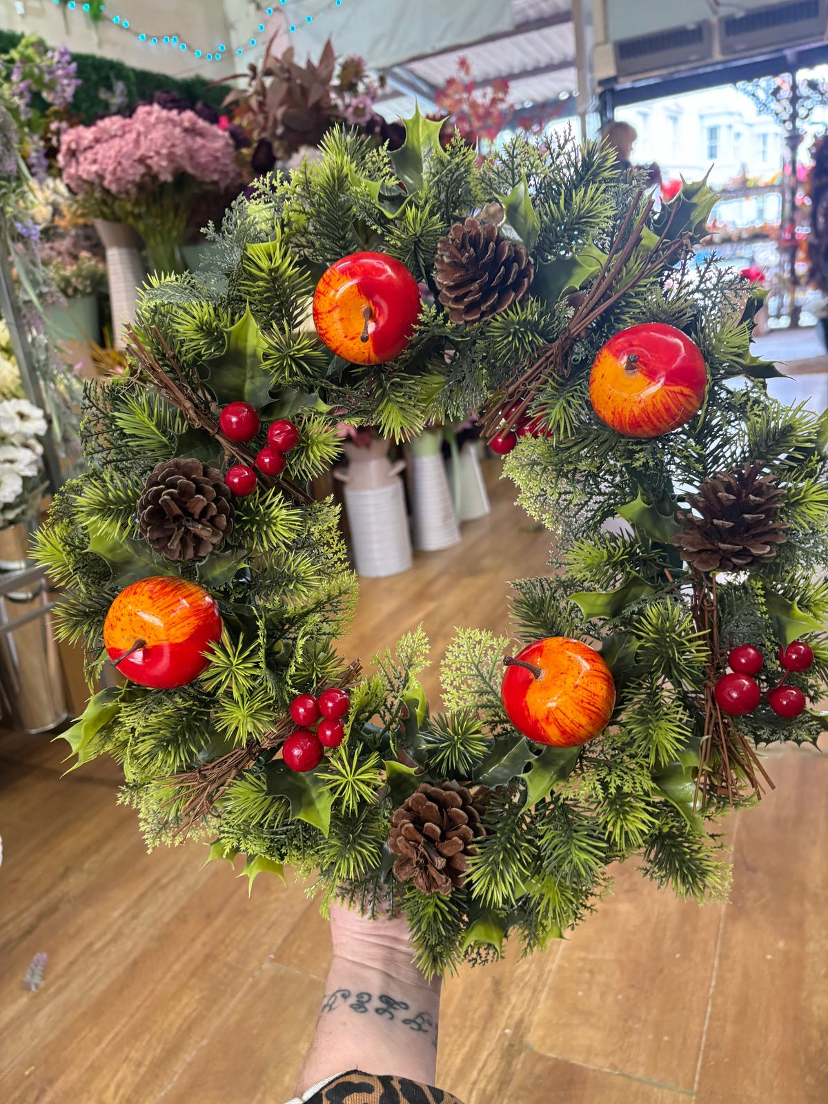 18” wreath with apples, berries and cones