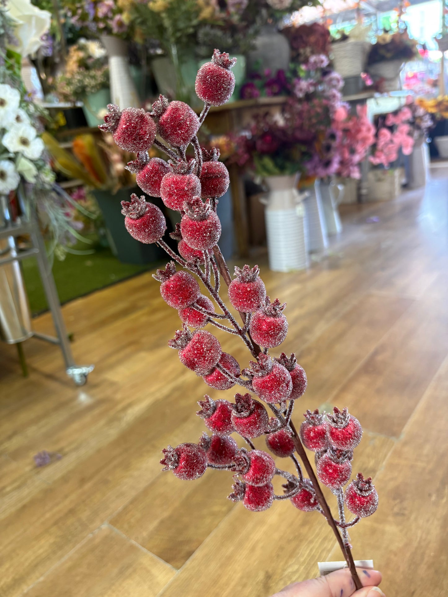 Long stem frosted rose hip spray