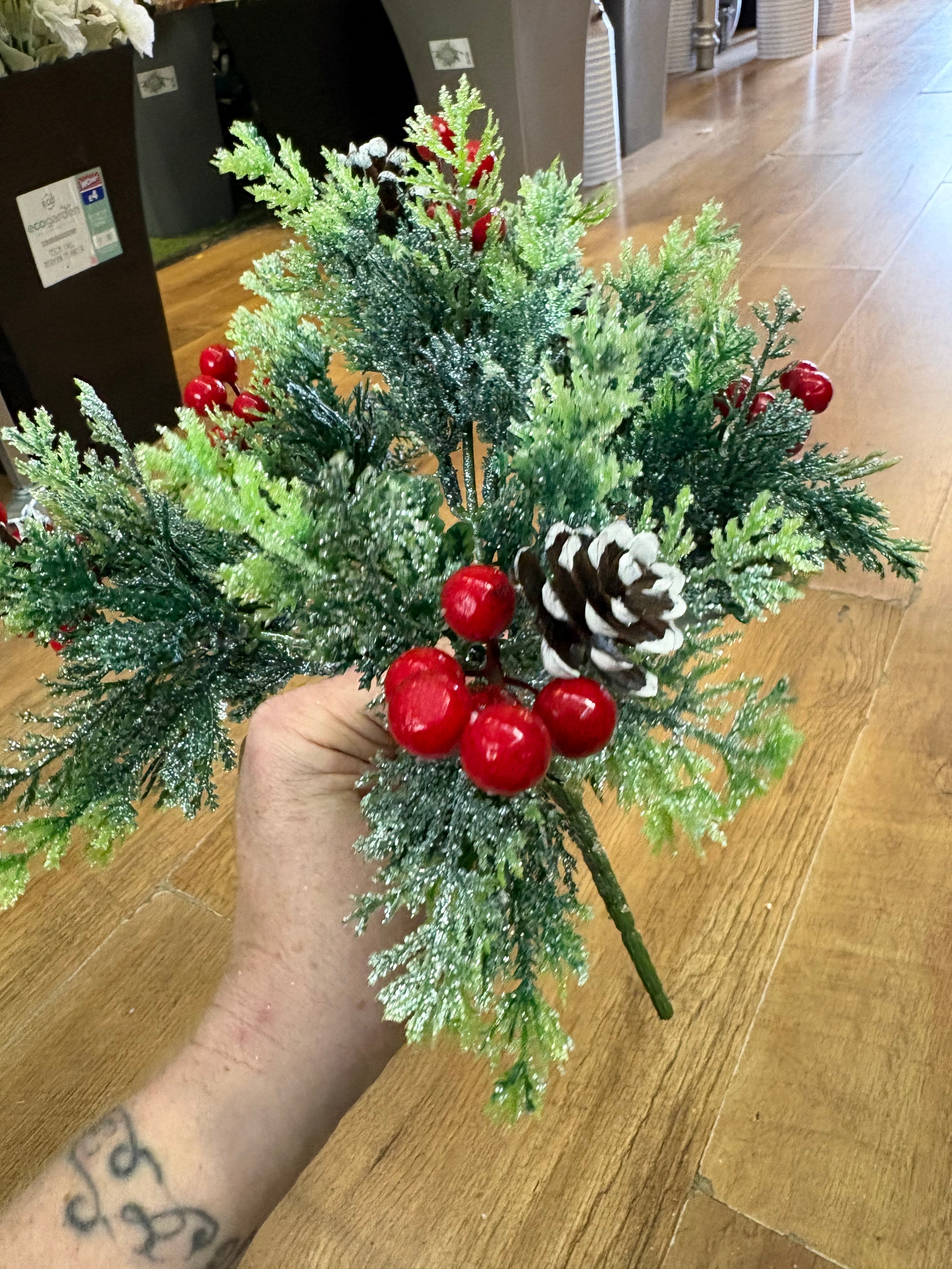 6 stemmed glittered foliage, miniature cone and red berry bunch