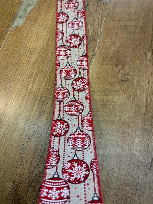 2.5 inch wide burlap and red/white bauble wired ribbon - 10 metres
