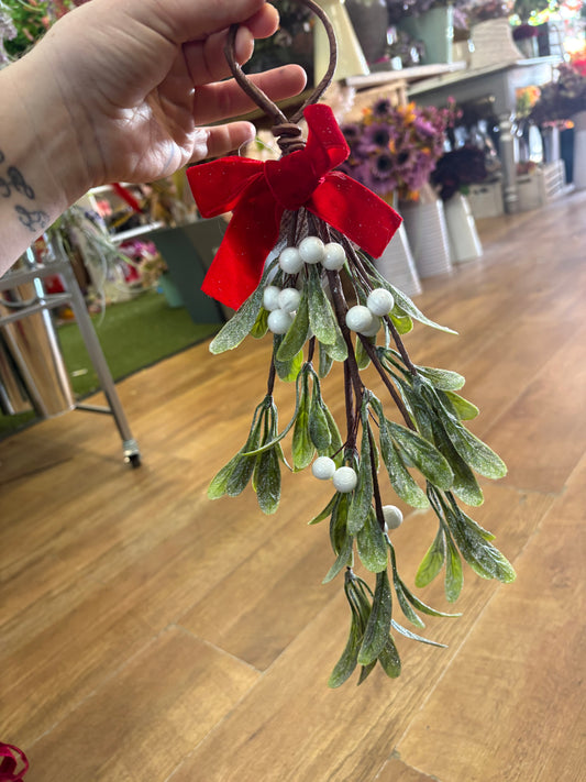 34cm Frosted mistletoe and red velvet bow swag