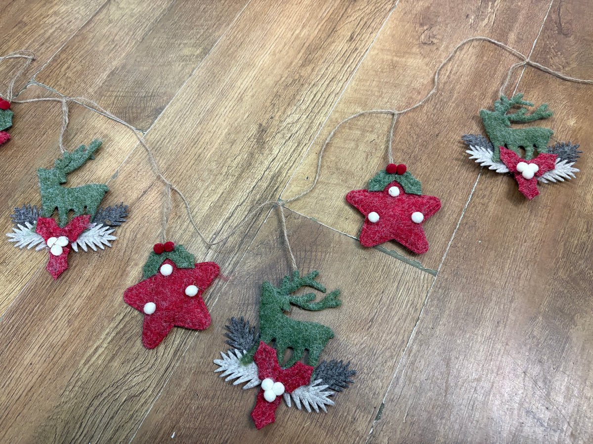 Festive reindeer and star felt garland