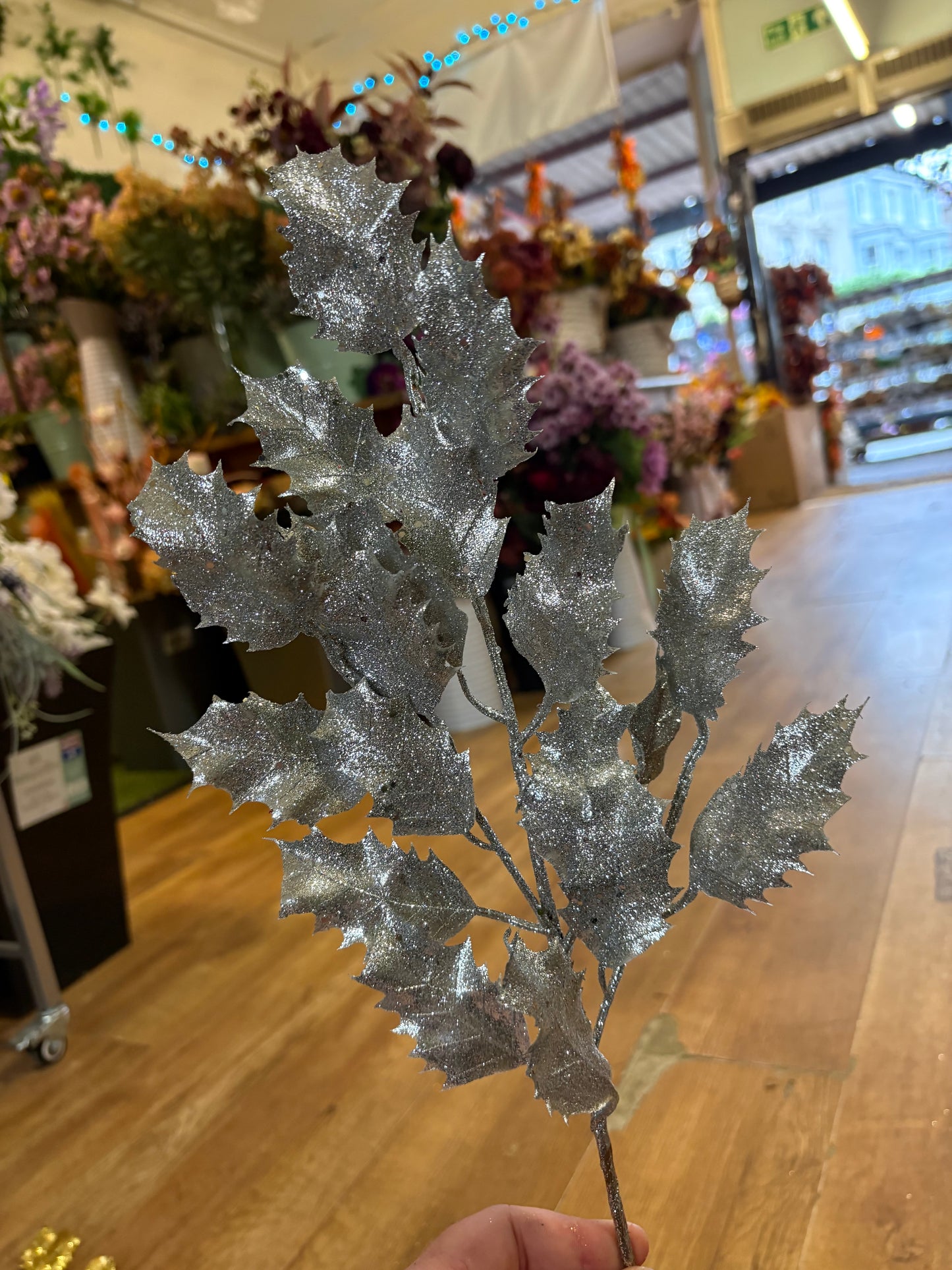 62cm tall glittered holly stem - 3 colours available