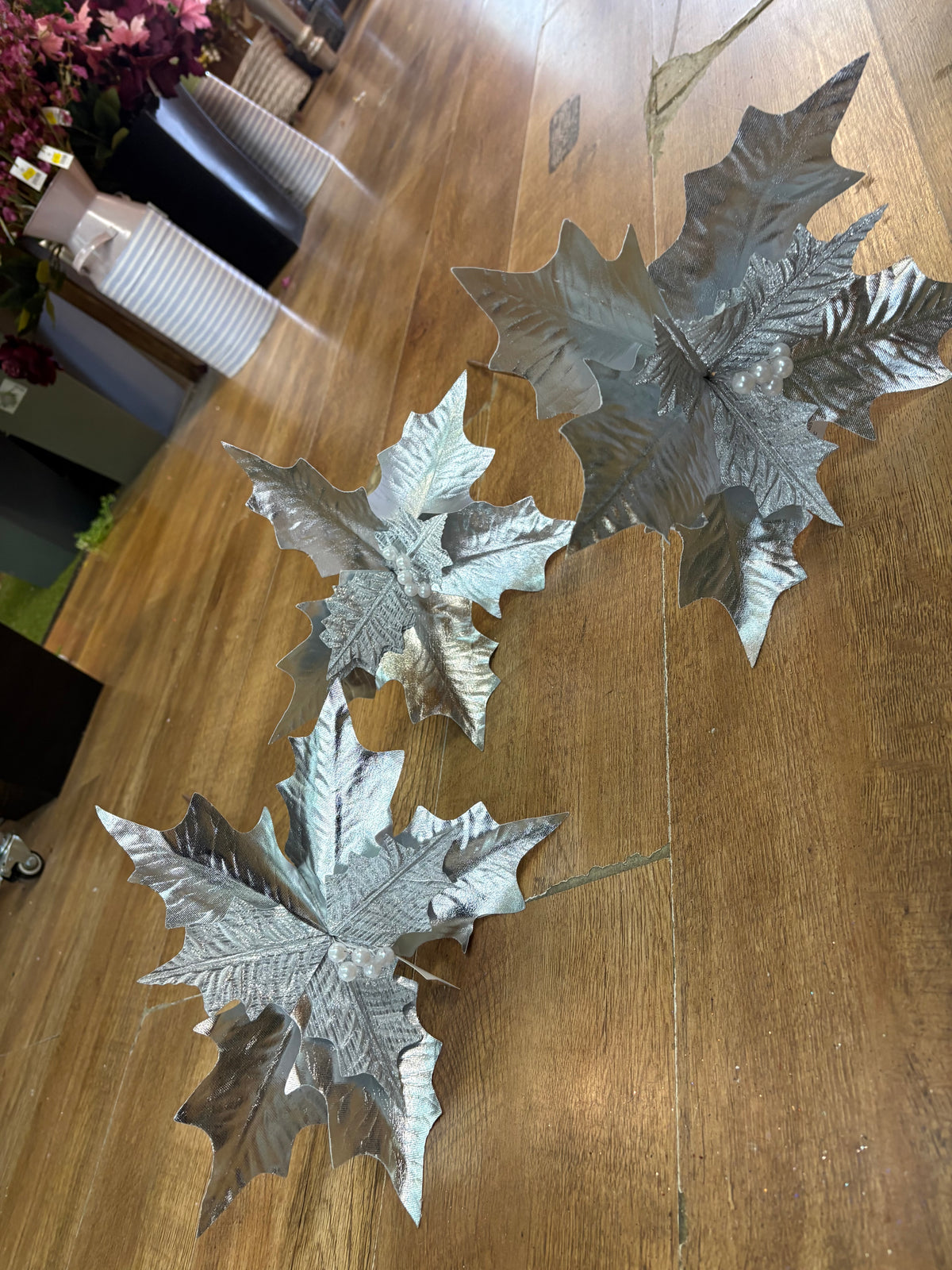 Bundle of 3 silver metallic and crinkle petal poinsettias