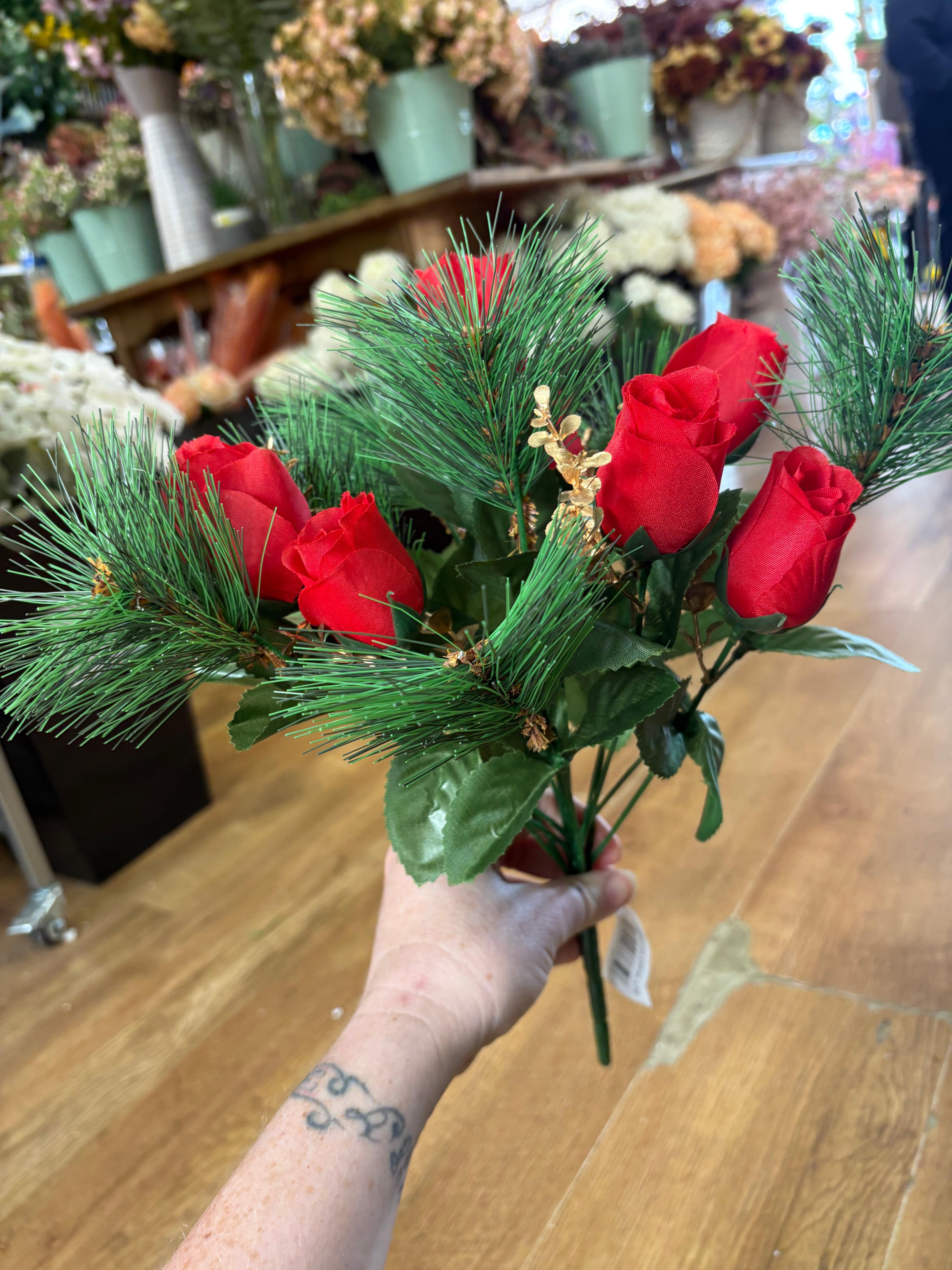 Rosebud, eucalyptus and pine bouquet - red and gold
