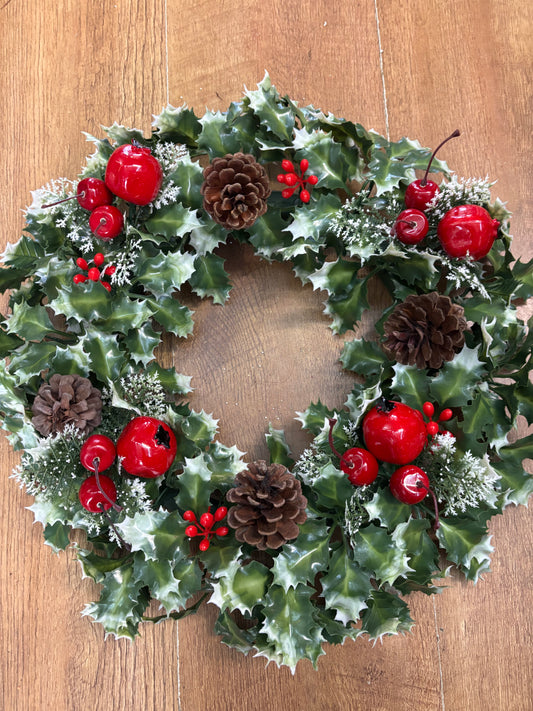 18” wreath with pomegranate, cherries and cones