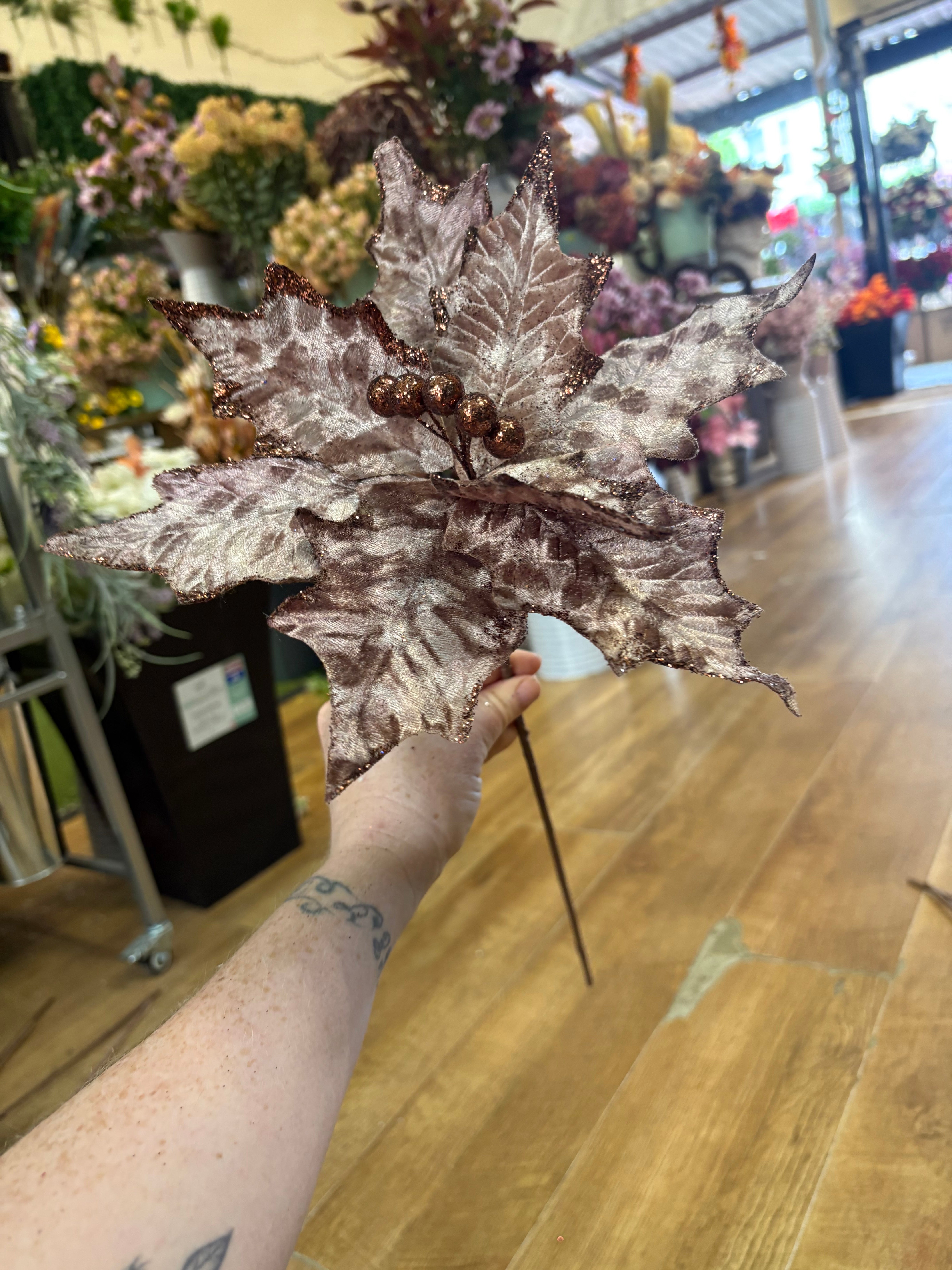 Single mink velvet and brown glitter poinsettia
