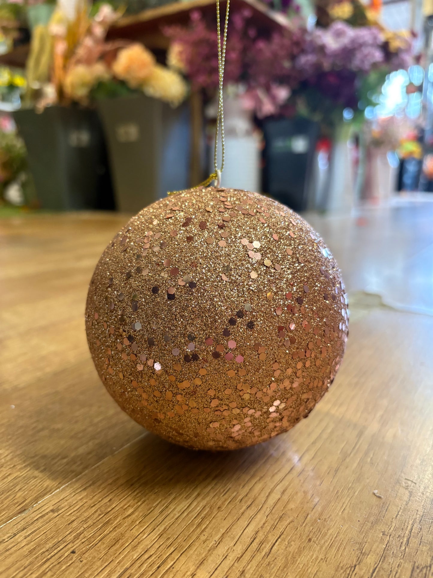 12cm rose gold glittered bauble