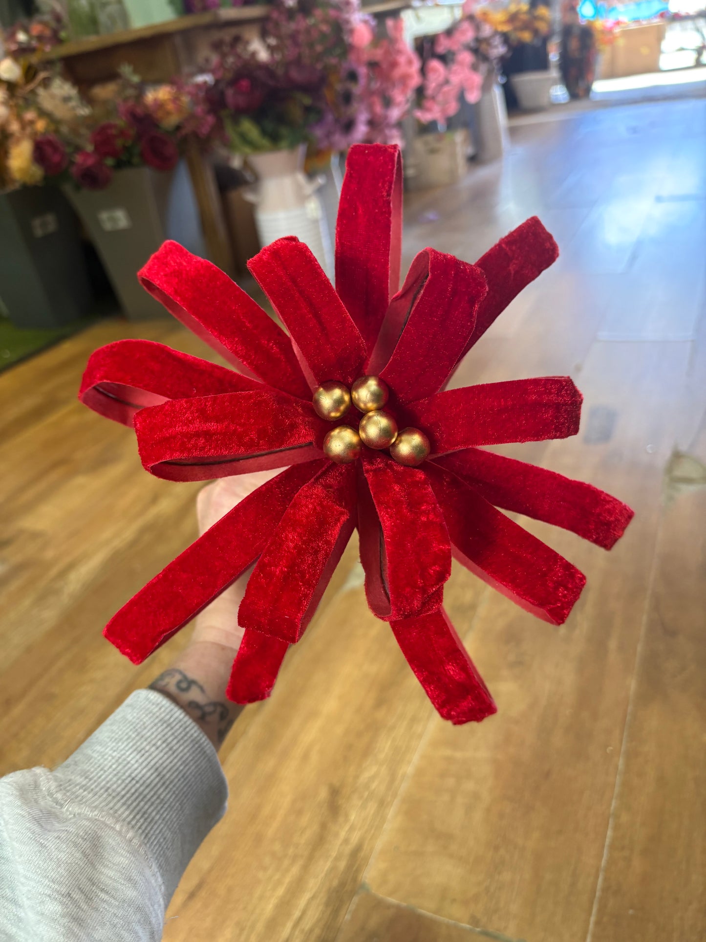 Wired Red velvet and gold berry Christmas decor stem