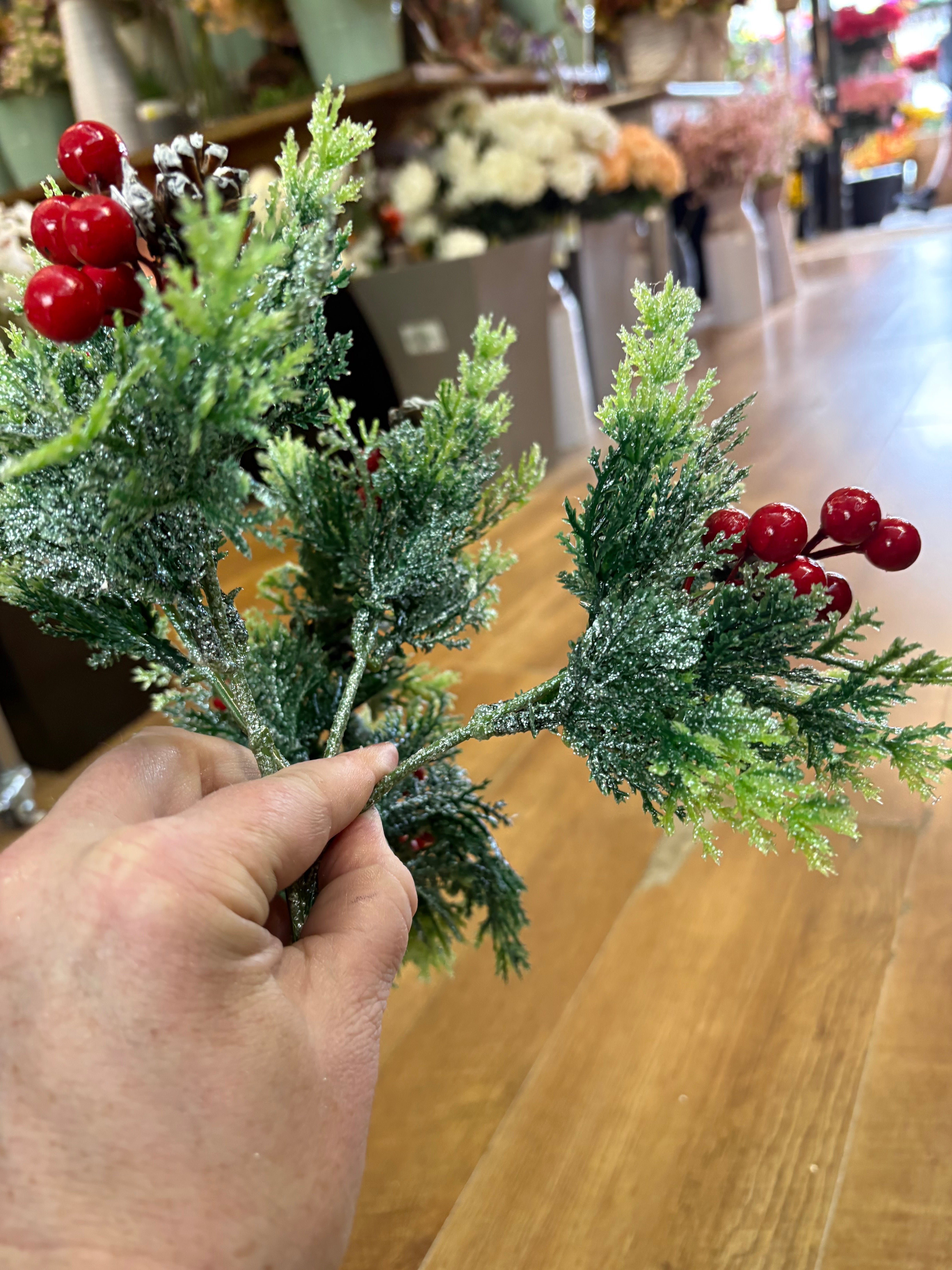 6 stemmed glittered foliage, miniature cone and red berry bunch