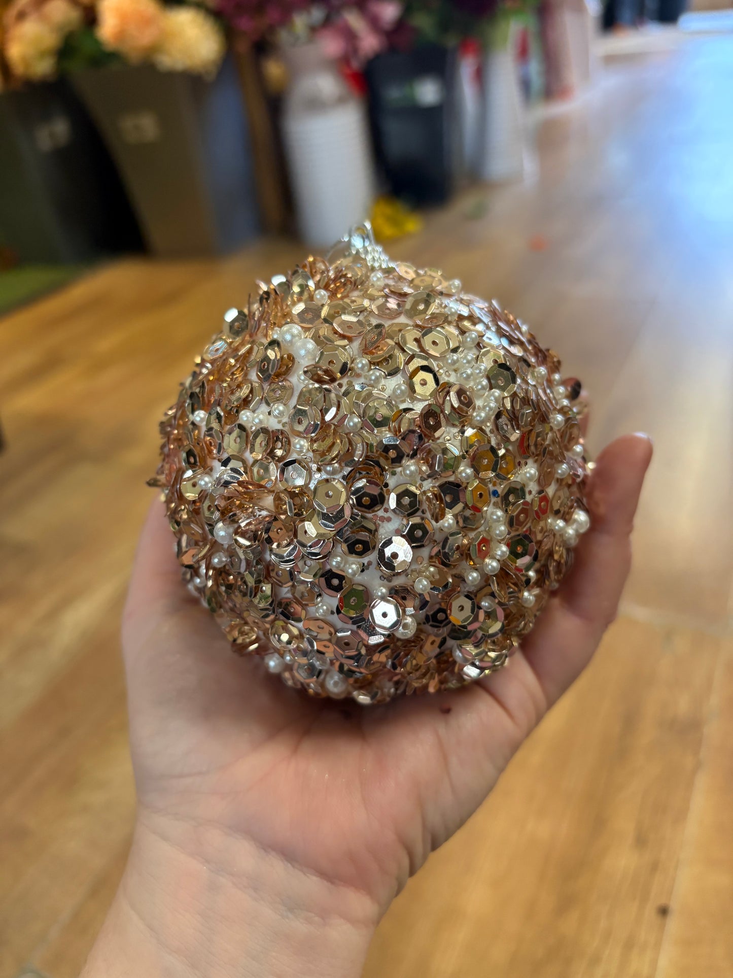 12cm rose gold sequin and pearls bauble