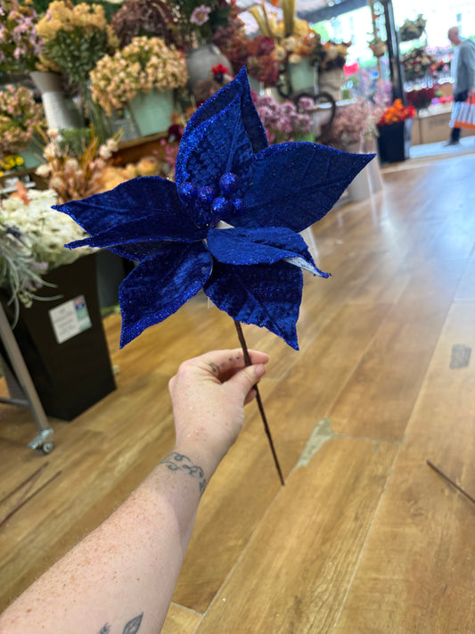 Single royal blue velvet and glitter poinsettia
