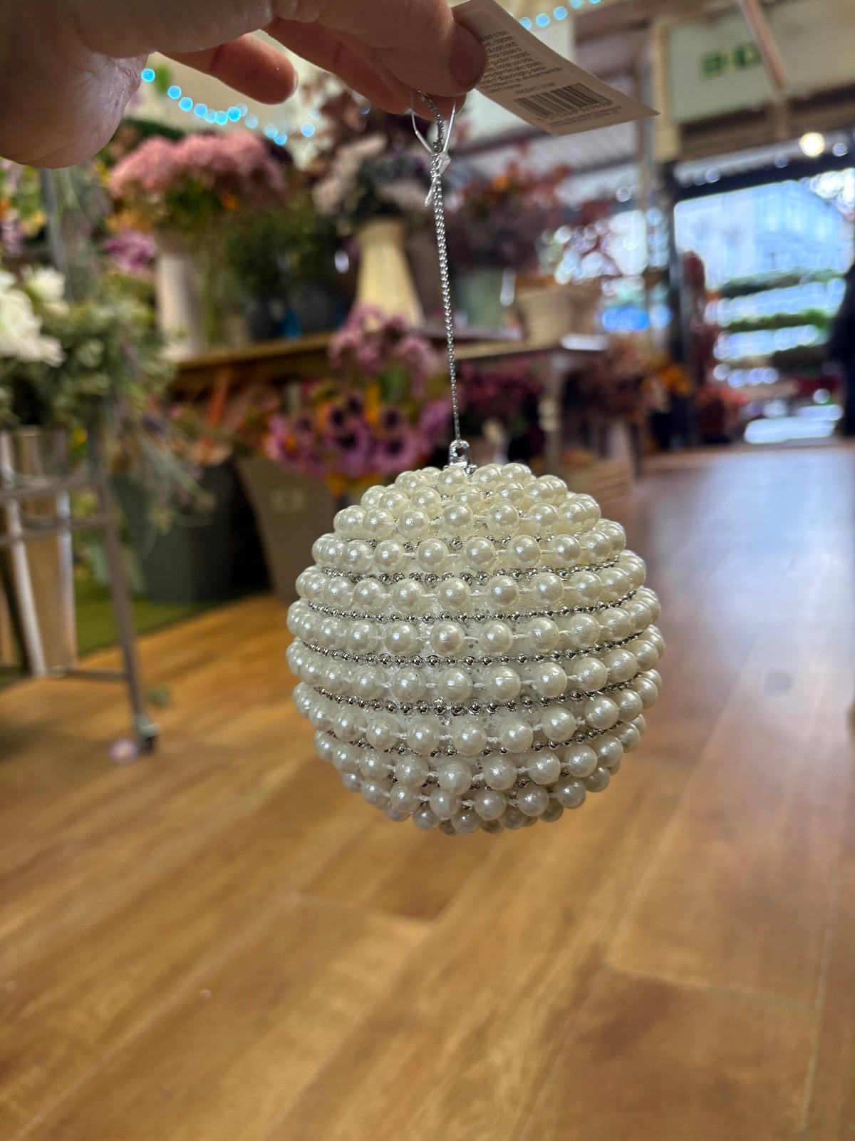Elegant white pearl and silver beading 10cm bauble
