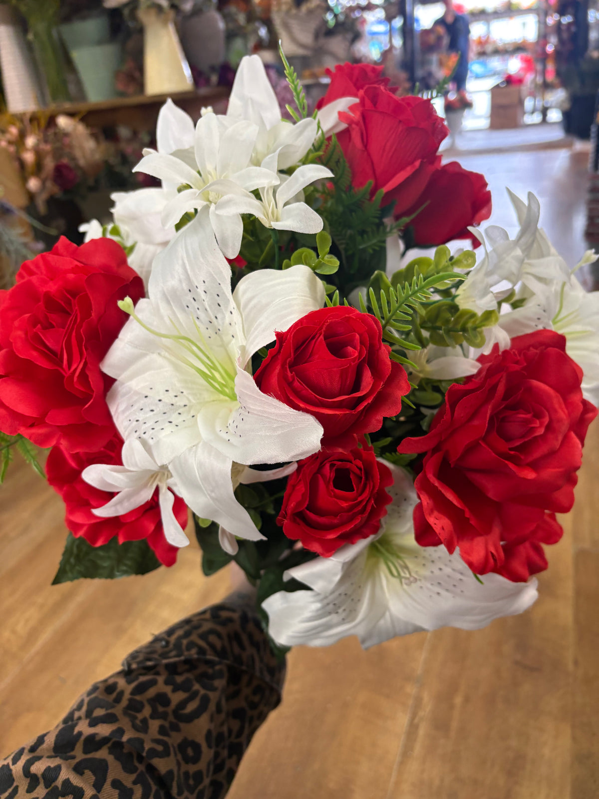 Giant red and ivory rose, rosebud and lily bouquet