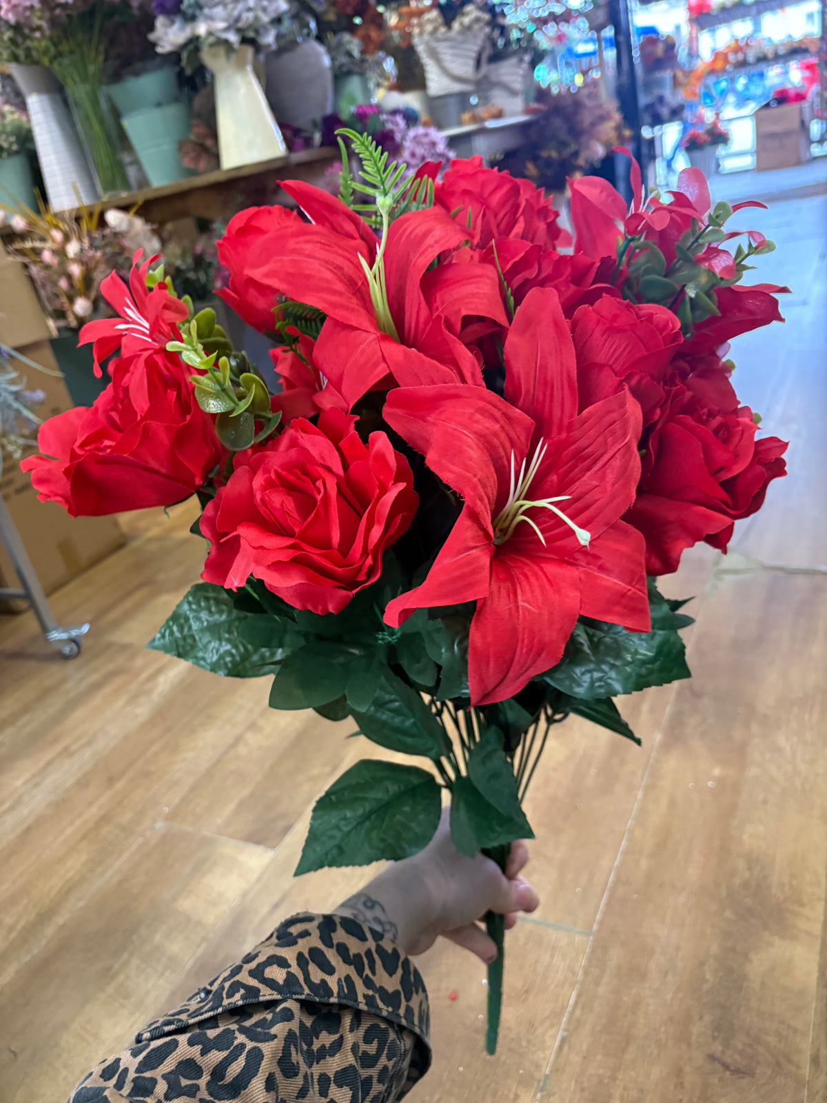 Giant red rose, rosebud and lily bouquet