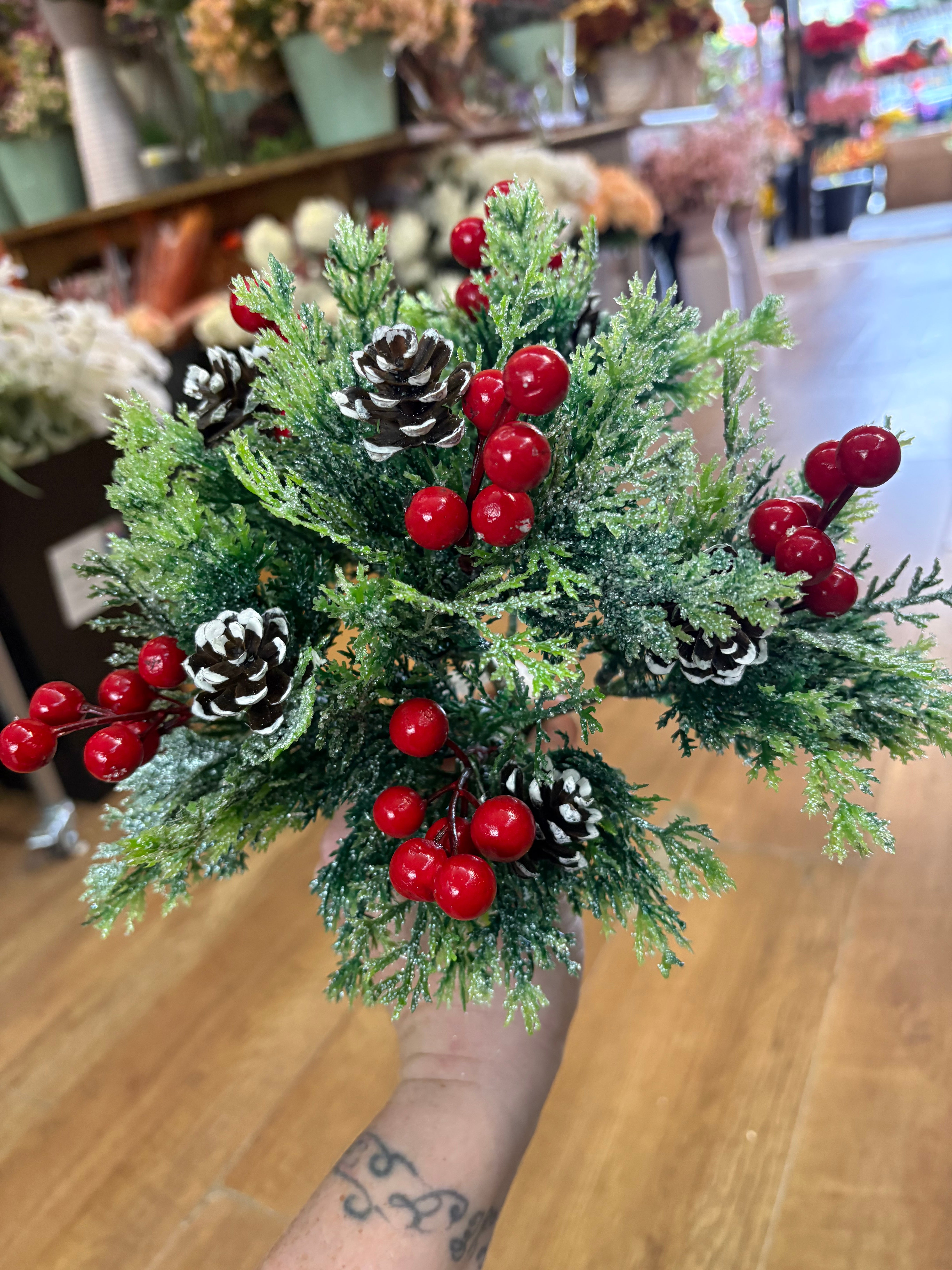 6 stemmed glittered foliage, miniature cone and red berry bunch