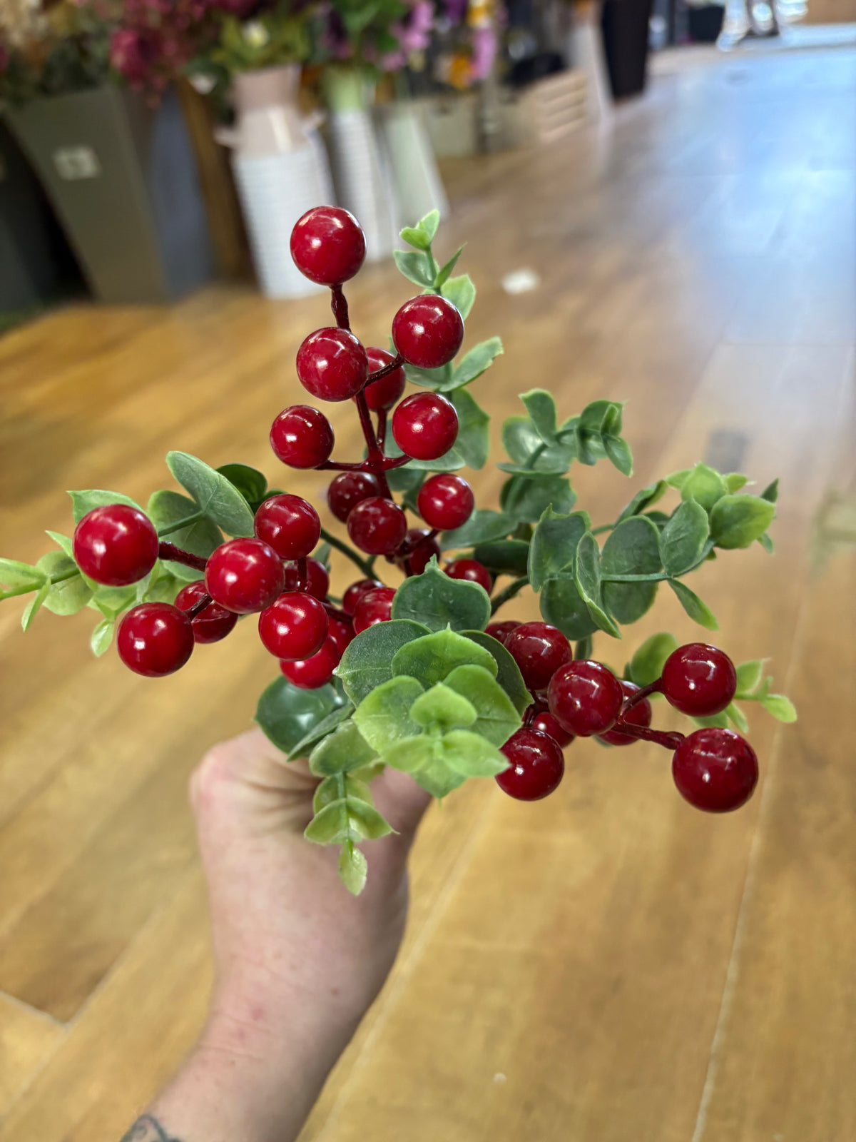 24cm red berry and eucalyptus pick