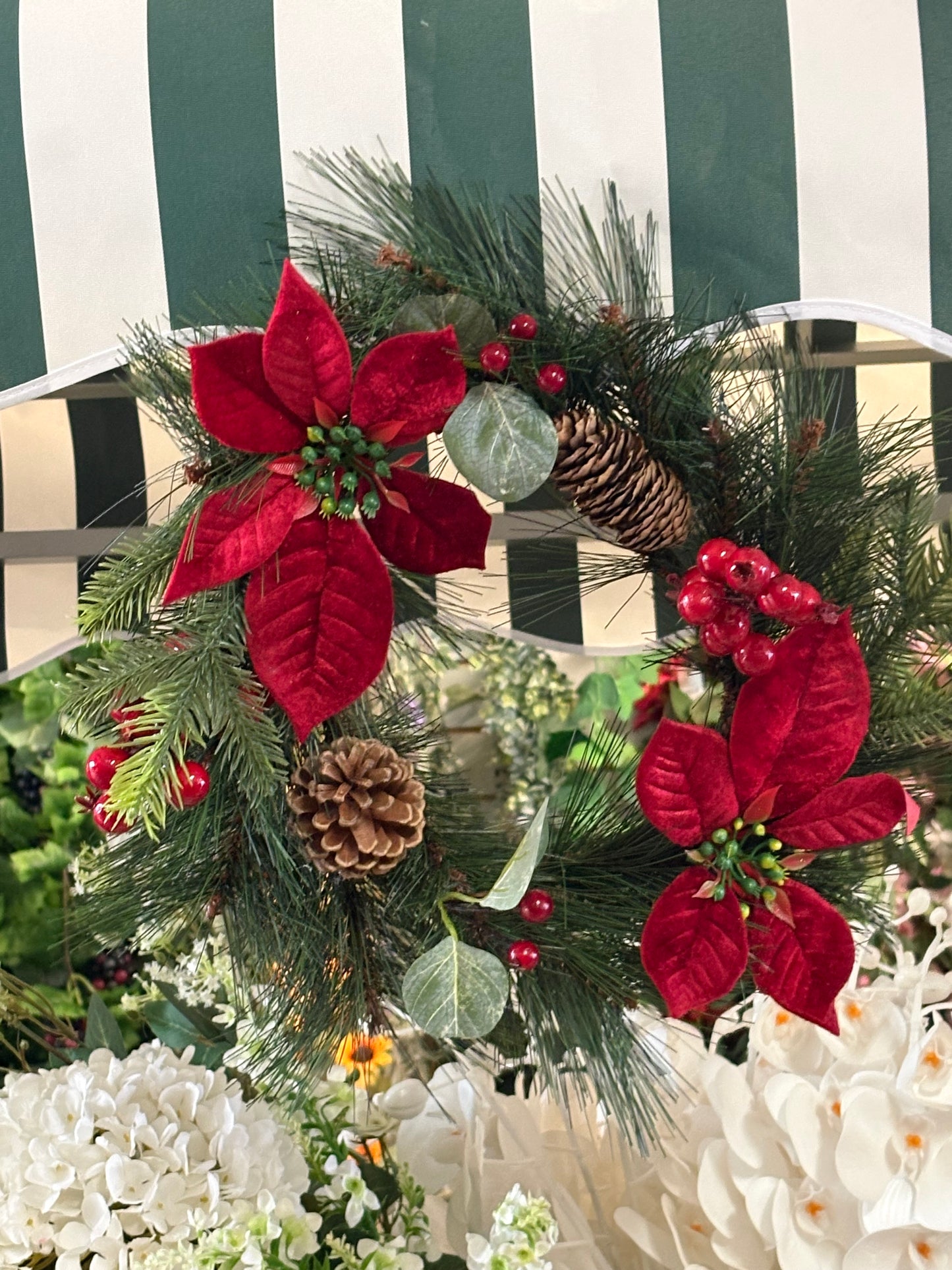 Poinsettia and red berry wreath (40cm from tip to tip)