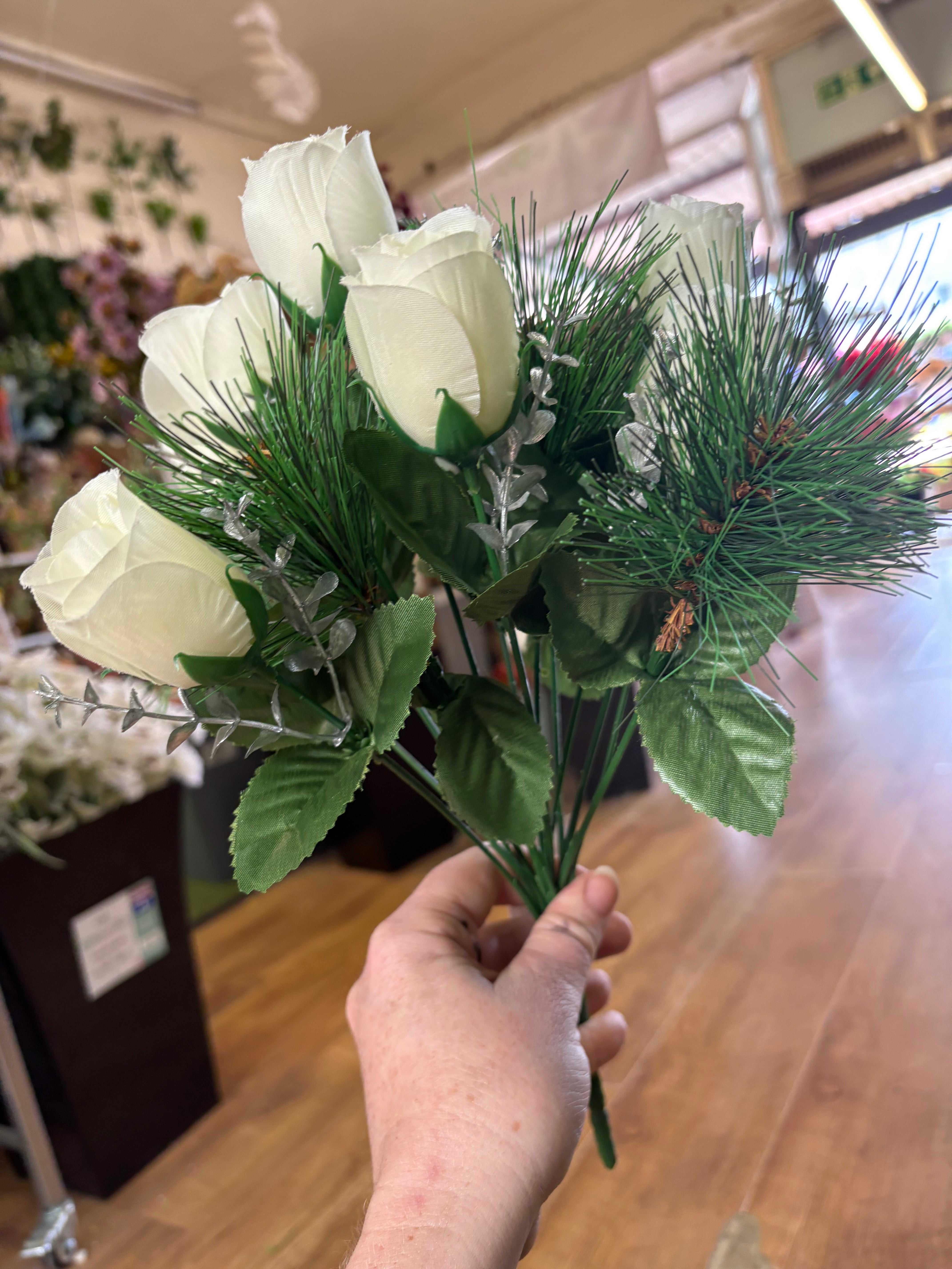 Rosebud,eucalyptus and pine bouquet - ivory and silver