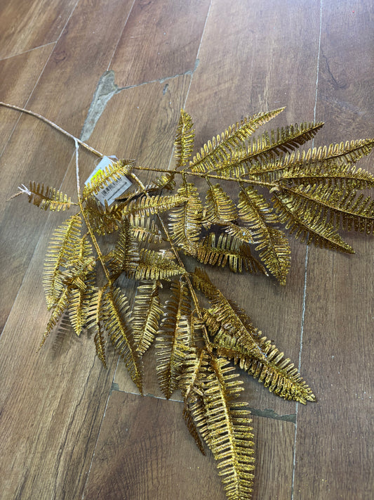 90cm gold glittered metal fern spray