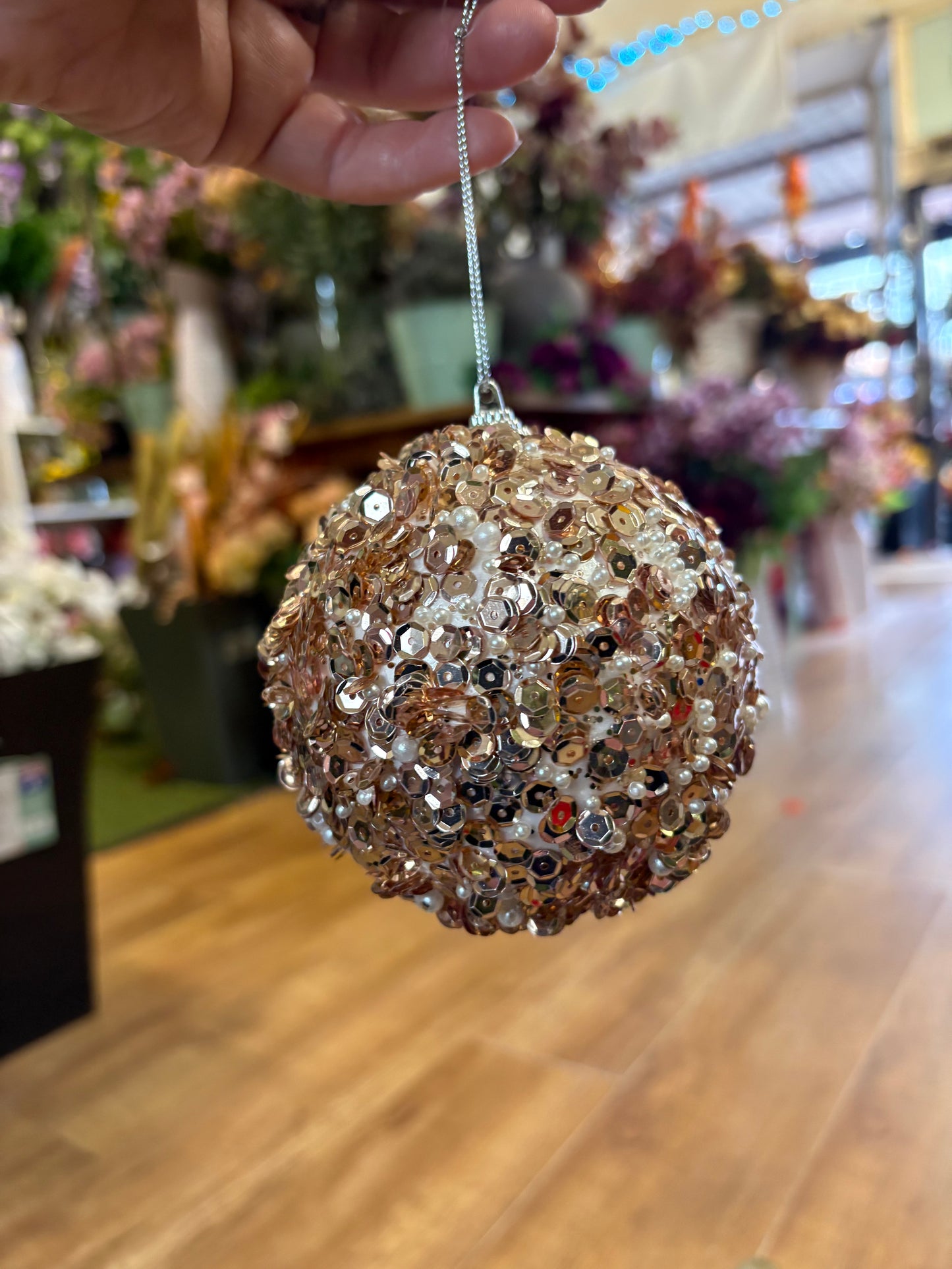 12cm rose gold sequin and pearls bauble