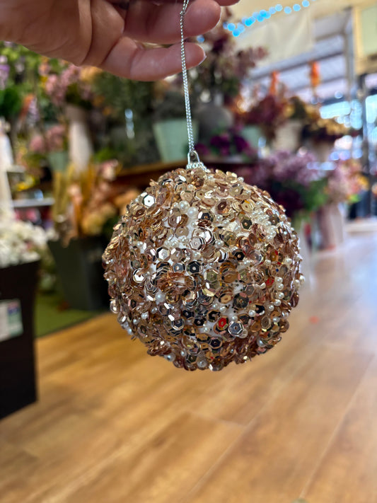 12cm rose gold sequin and pearls bauble