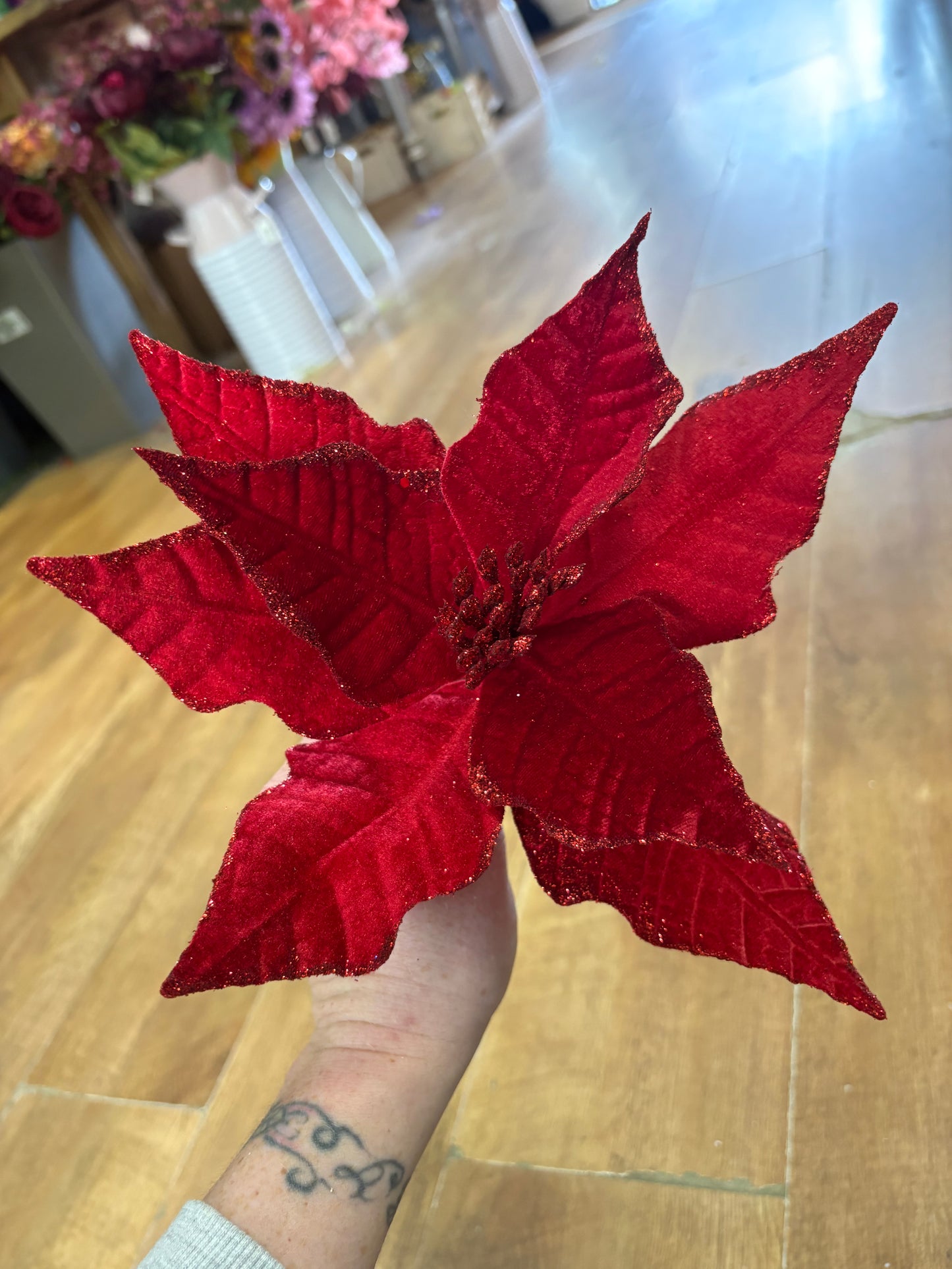 Red velvet and glitter single poinsettia pick