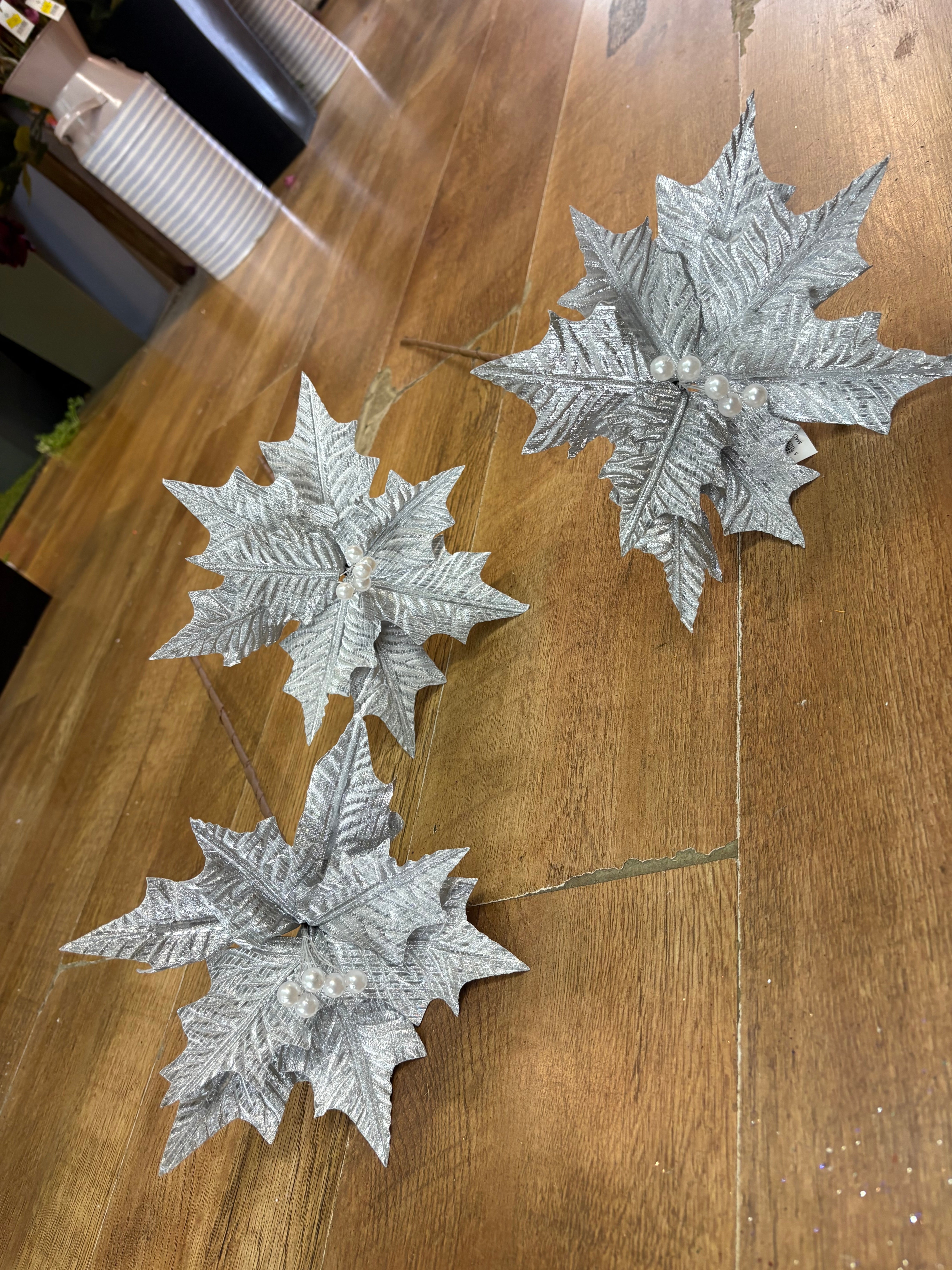 Bundle of 3 silver crinkle petal poinsettias