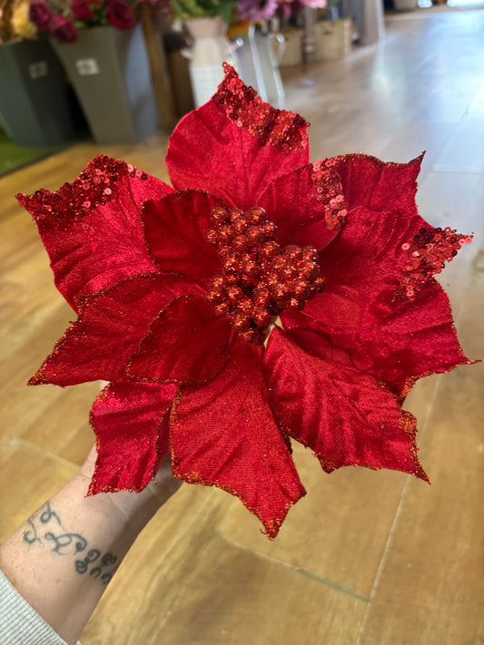 Clip on red velvet and glittered poinsettia