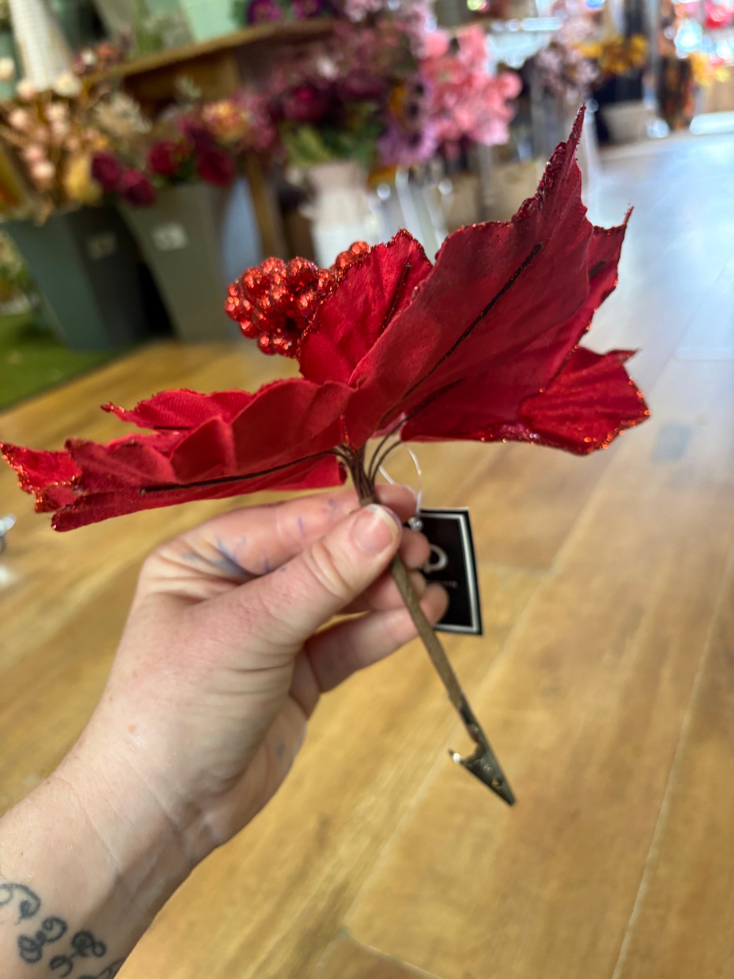 Clip on red velvet and glittered poinsettia