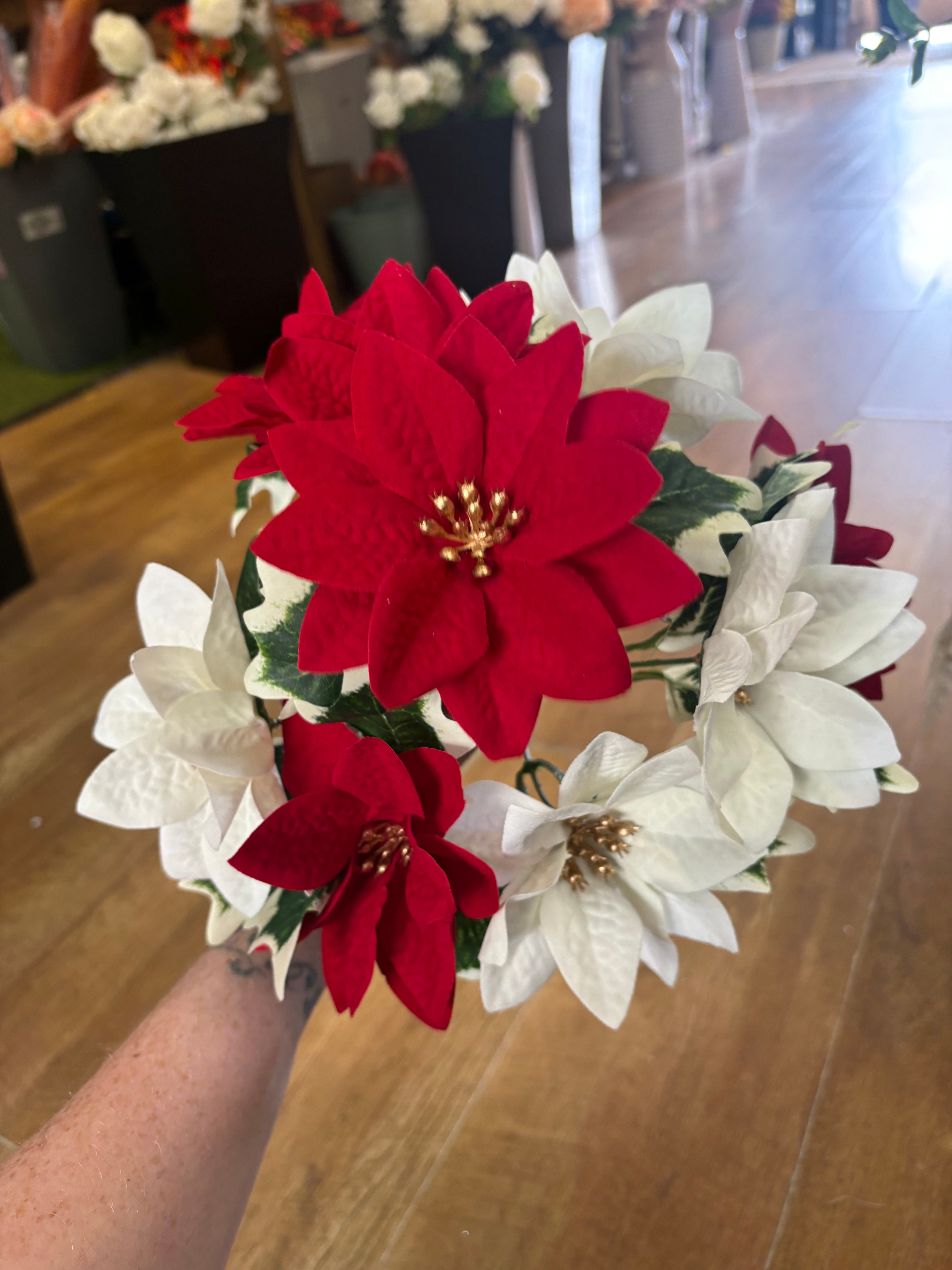 Red and ivory velvet poinsettia bunch