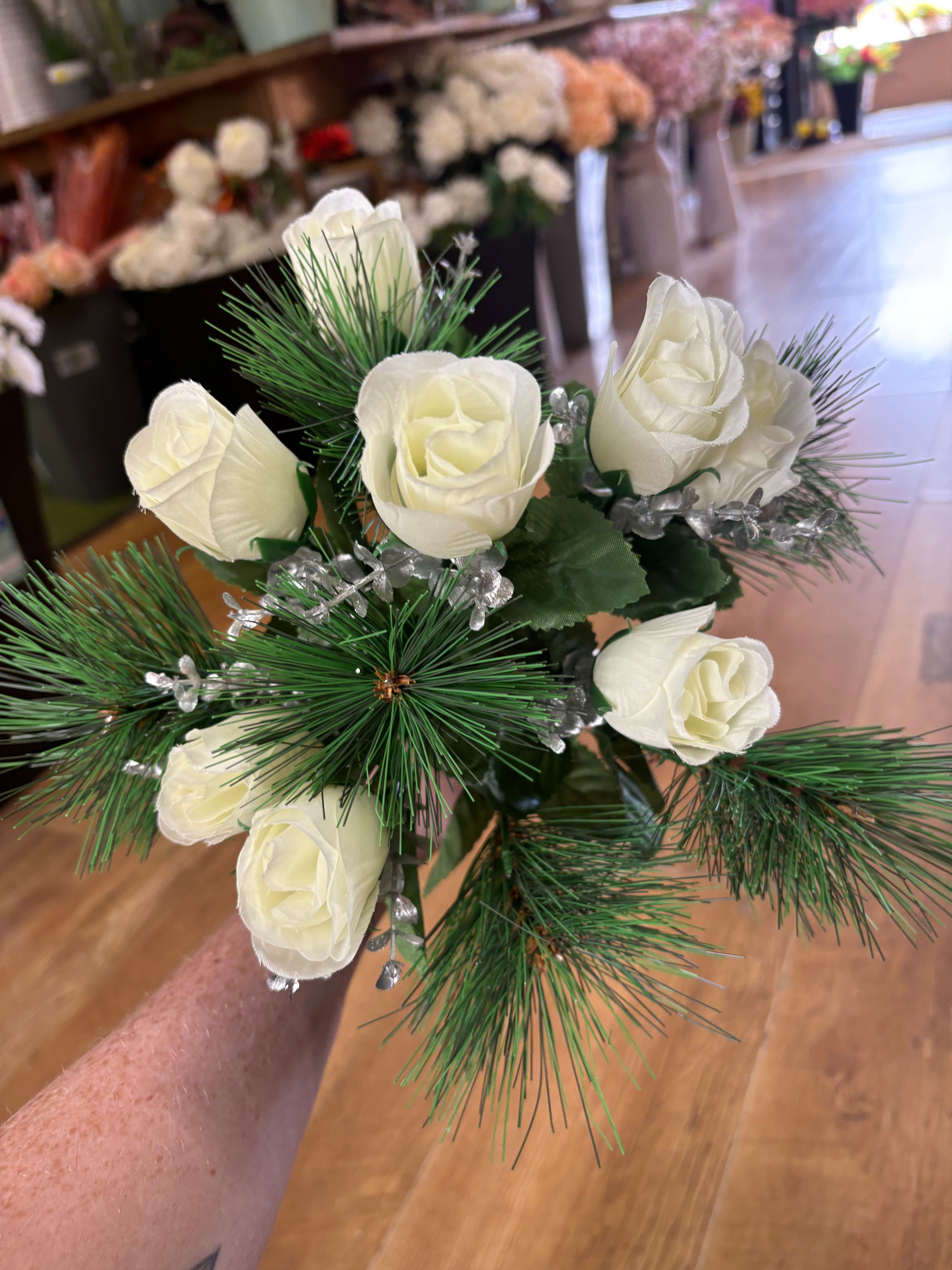 Rosebud,eucalyptus and pine bouquet - ivory and silver