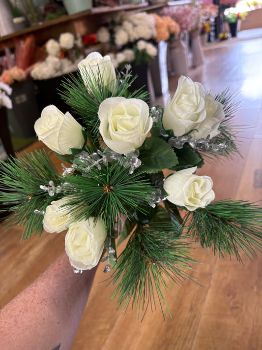 Rosebud,eucalyptus and pine bouquet - ivory and silver