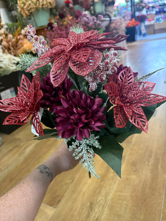 Pink glittered poinsettia and purple chrysanthemum bouquet