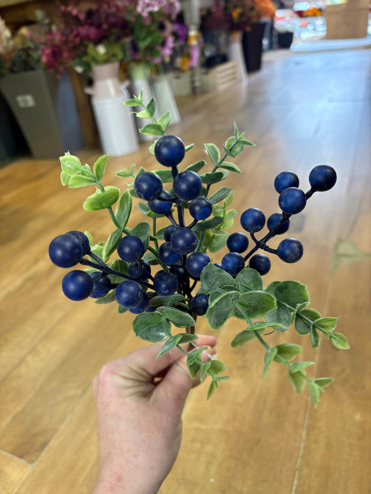 24cm Blue berry and eucalyptus pick