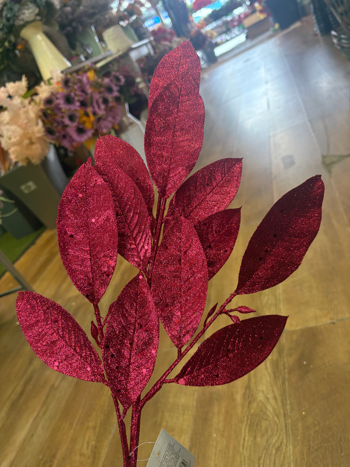 Long stem deep pink glittered foliage branch