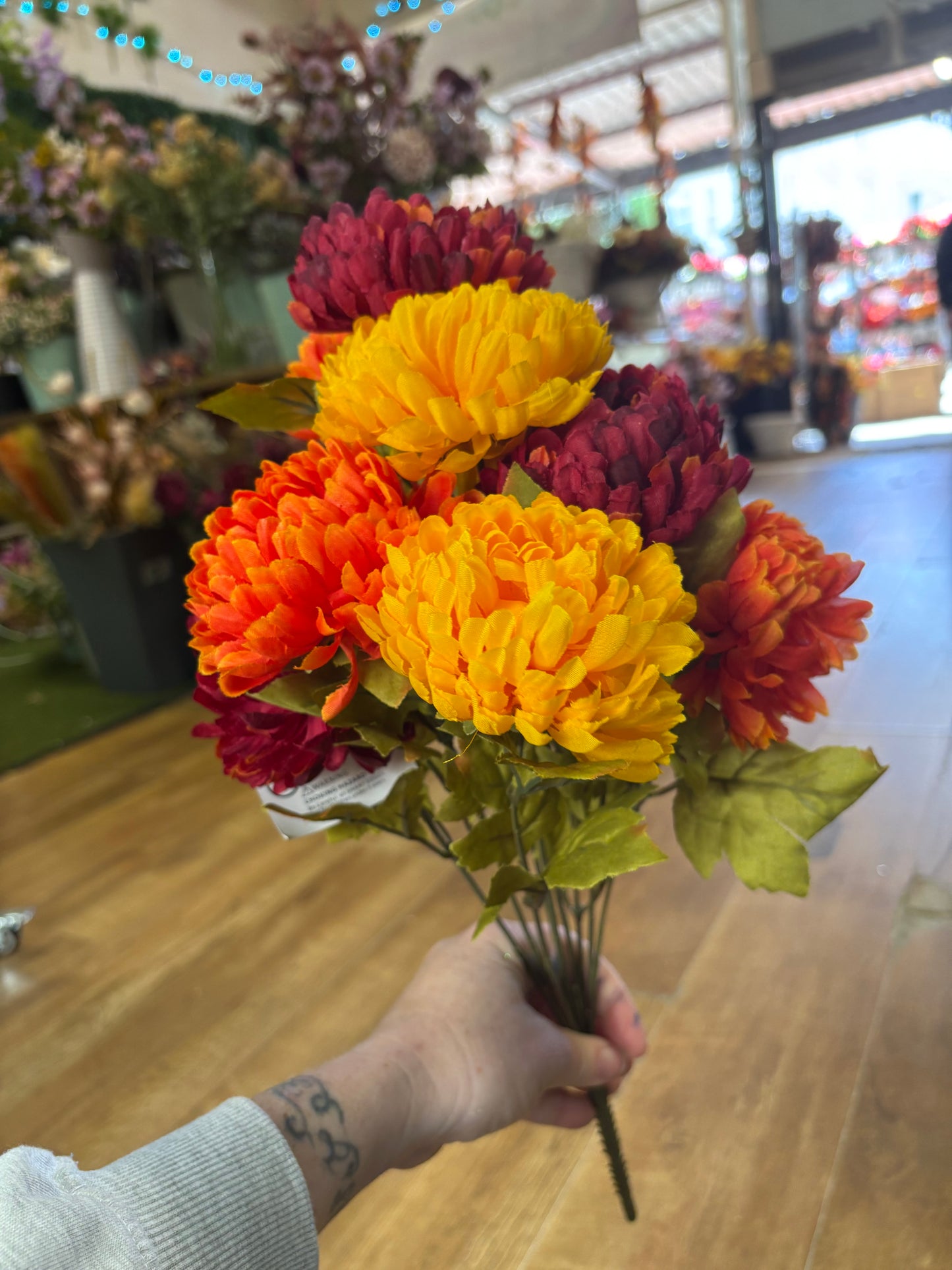 Large autumnal chrysanthemum bouquet - burgundy, orange and yellow