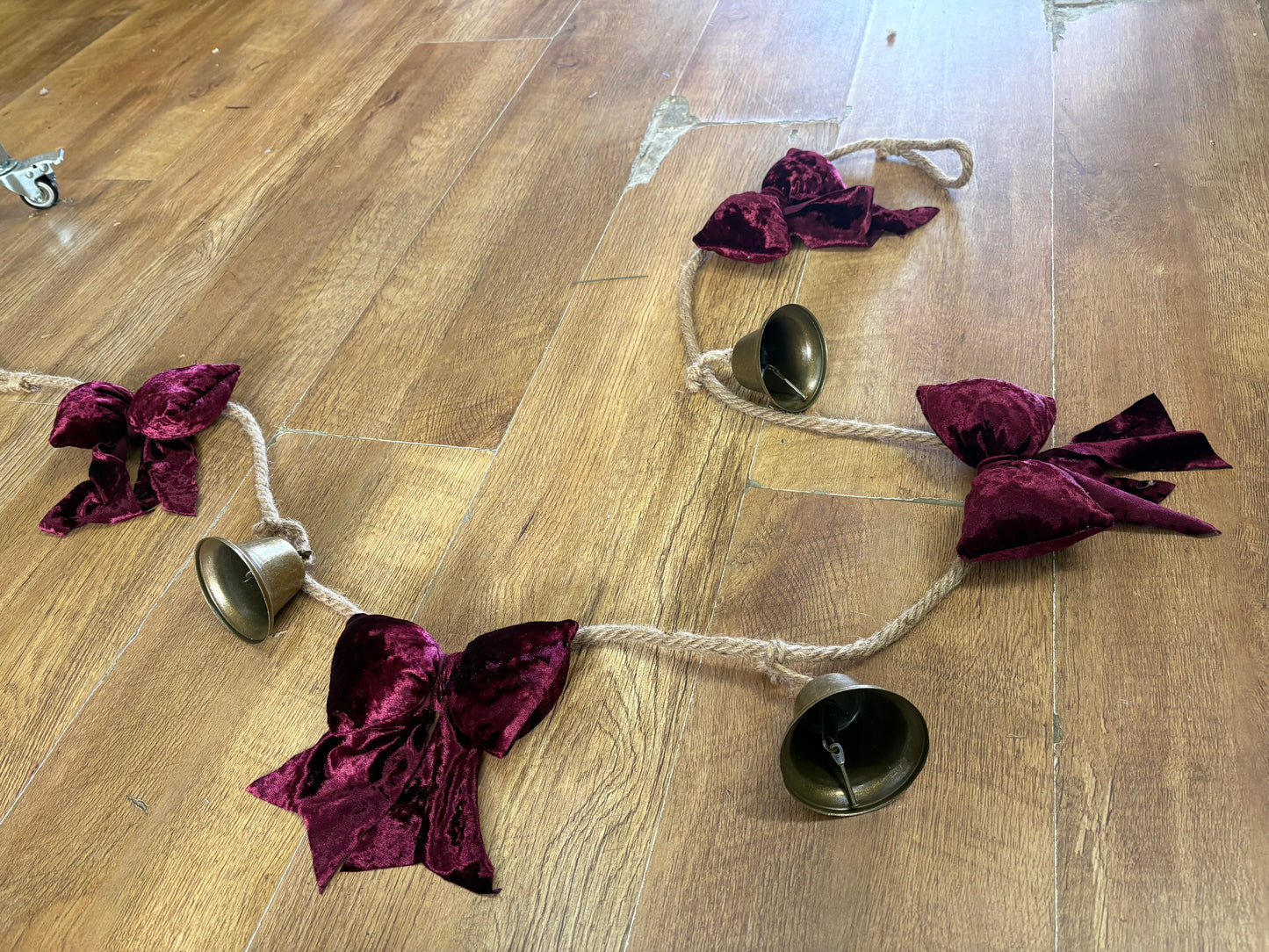 Burgundy velvet bow and Christmas Bell Garland (1.8m Long)