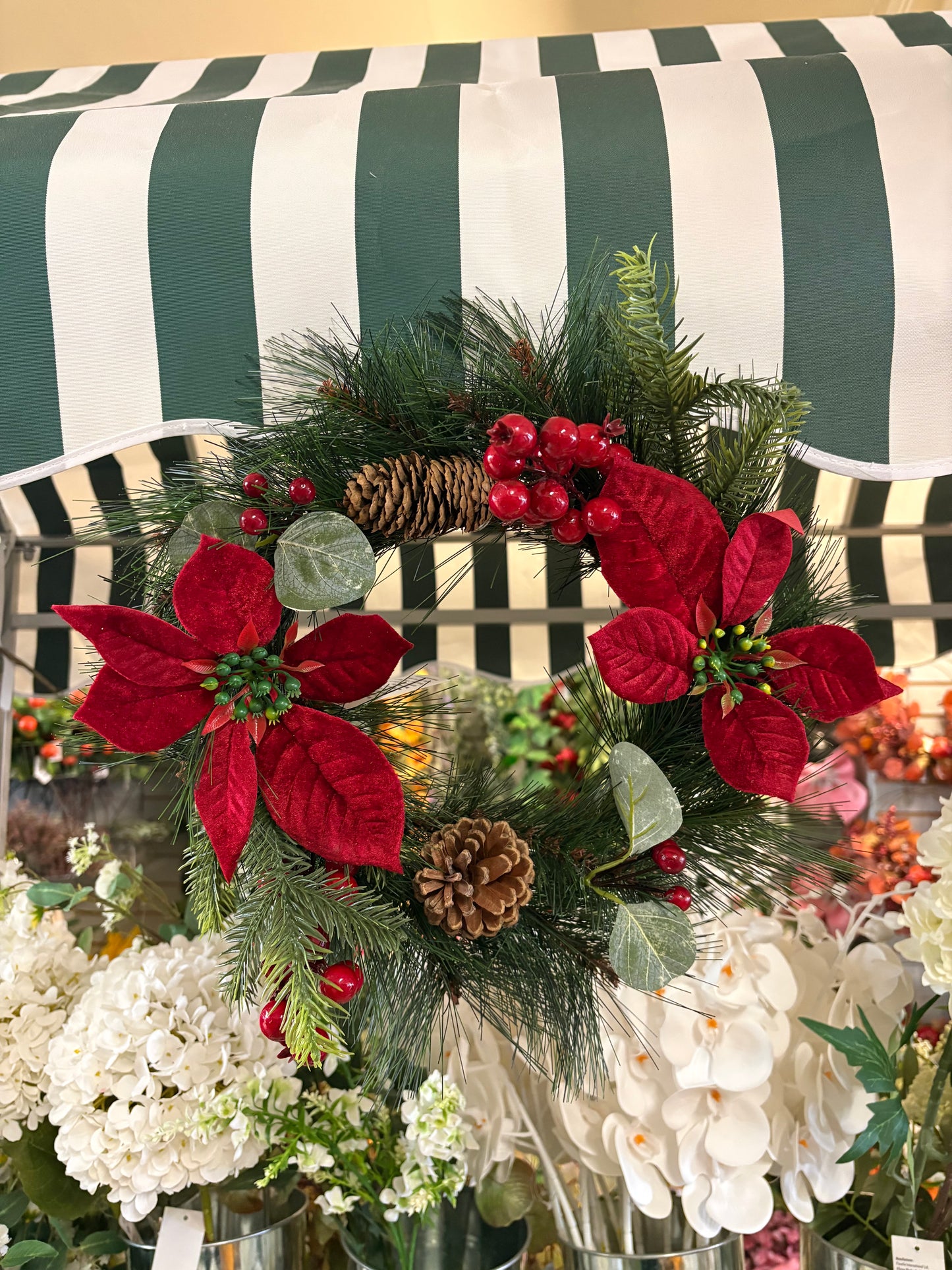 Poinsettia and red berry wreath (40cm from tip to tip)