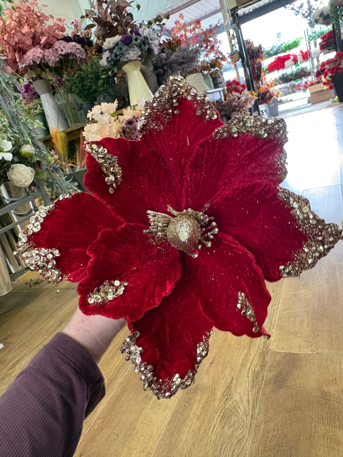 25cm dark red velvet and gold glittered magnolia
