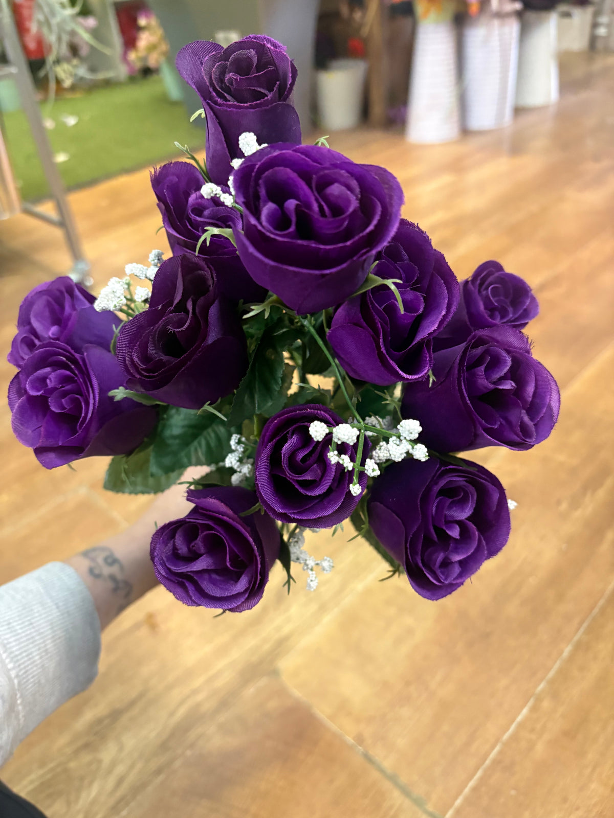 Large purple rose and gyp bunch